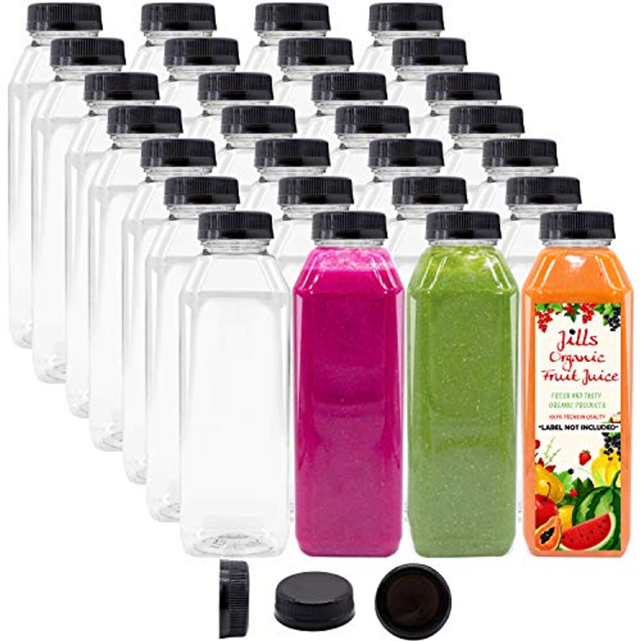 16 OZ Empty PET Plastic Juice Bottles - Pack of 35 Reusable Clear  Disposable Milk Bulk Containers with Black Tamper Evident Caps Lids