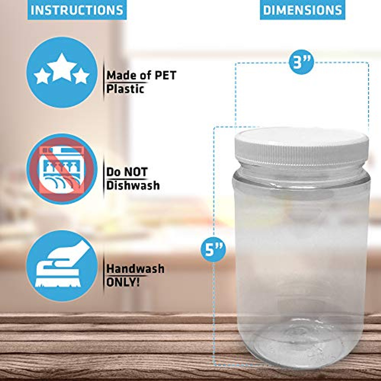 16 Oz Clear Plastic Mason Jars With Ribbed Liner Screw On Lids, Wide Mouth,  ECO, BPA