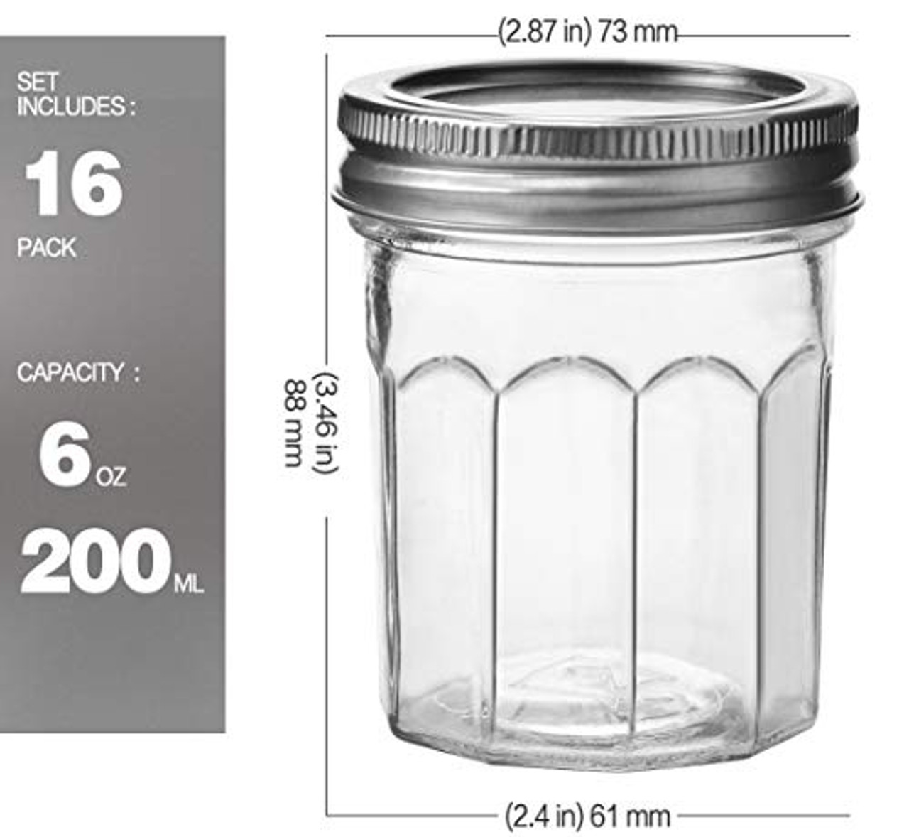 Mason Jars Canning Jars, 6 OZ Pudding Jelly Jars With Regular Lids and  Bands, Spice Jars, 16 PACK,Extra 16 Lids