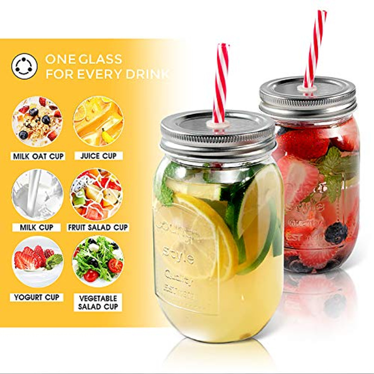 6 Pcs 16oZ Mason Drinking Jars with Lids 100% Recycled Glass Bottles and  Drinking Straws with 3 Extra Free Sealing Lid