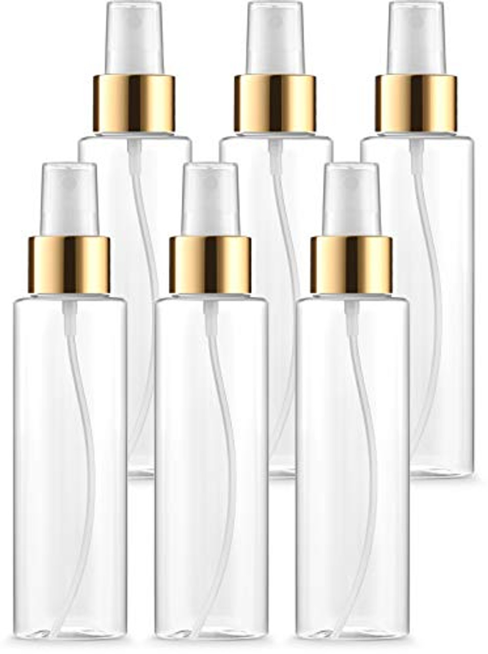 BAR5F Fine Misting Spray Bottles with Gold Trim, Dust Caps, 4 oz, Plastic,  Clear, Refillable, BPA Free Atomizers, Fine Mist Spraying for DIY Beauty  Products, Facial Sprays, Aromatherapy