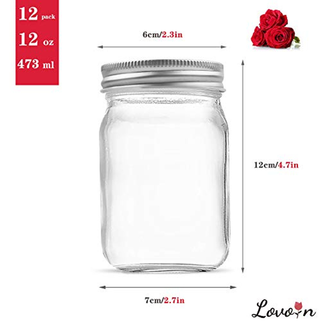 Mason Jars 12OZ, LovoIn 12 OZ Canning Jars Jelly Jars With Regular Lids,  Ideal for Jam