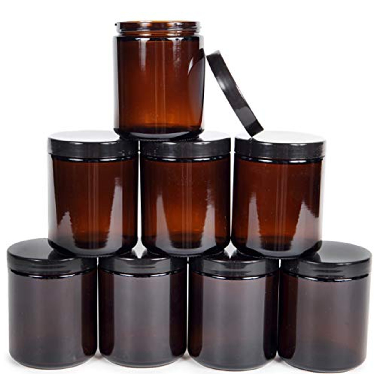 Amber, 8 ounce, Round Glass Jars, with Black Lids 8 pack