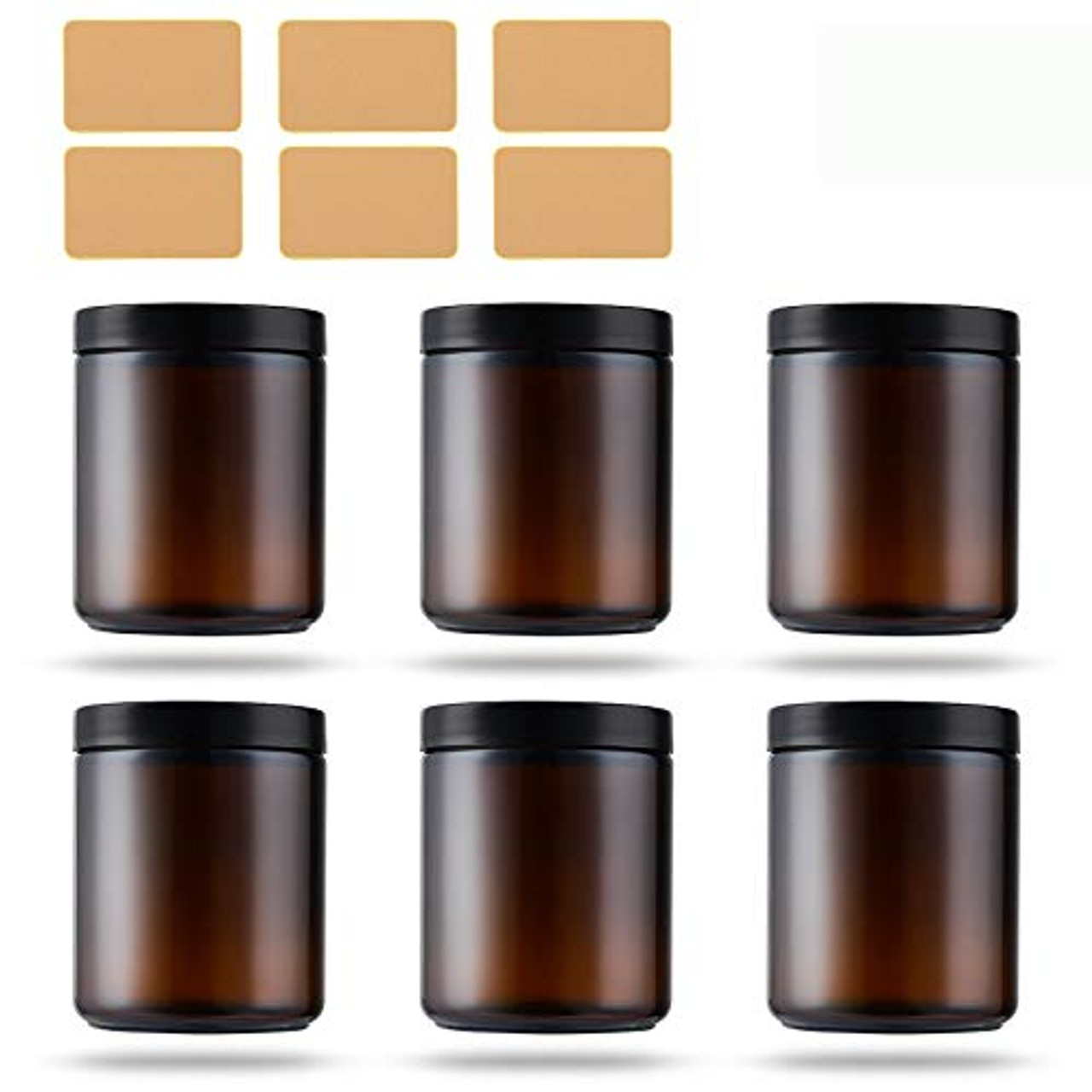 8oz Amber Glass Apothecary Jars 6 Pack,Round Mason Canning Jars with Black  Plastic Lids for Food Storage,Canning,Arts & Crafts,Creams,Butter,Candle  Making,Powders & Ointments,6 Yellow Labels Included