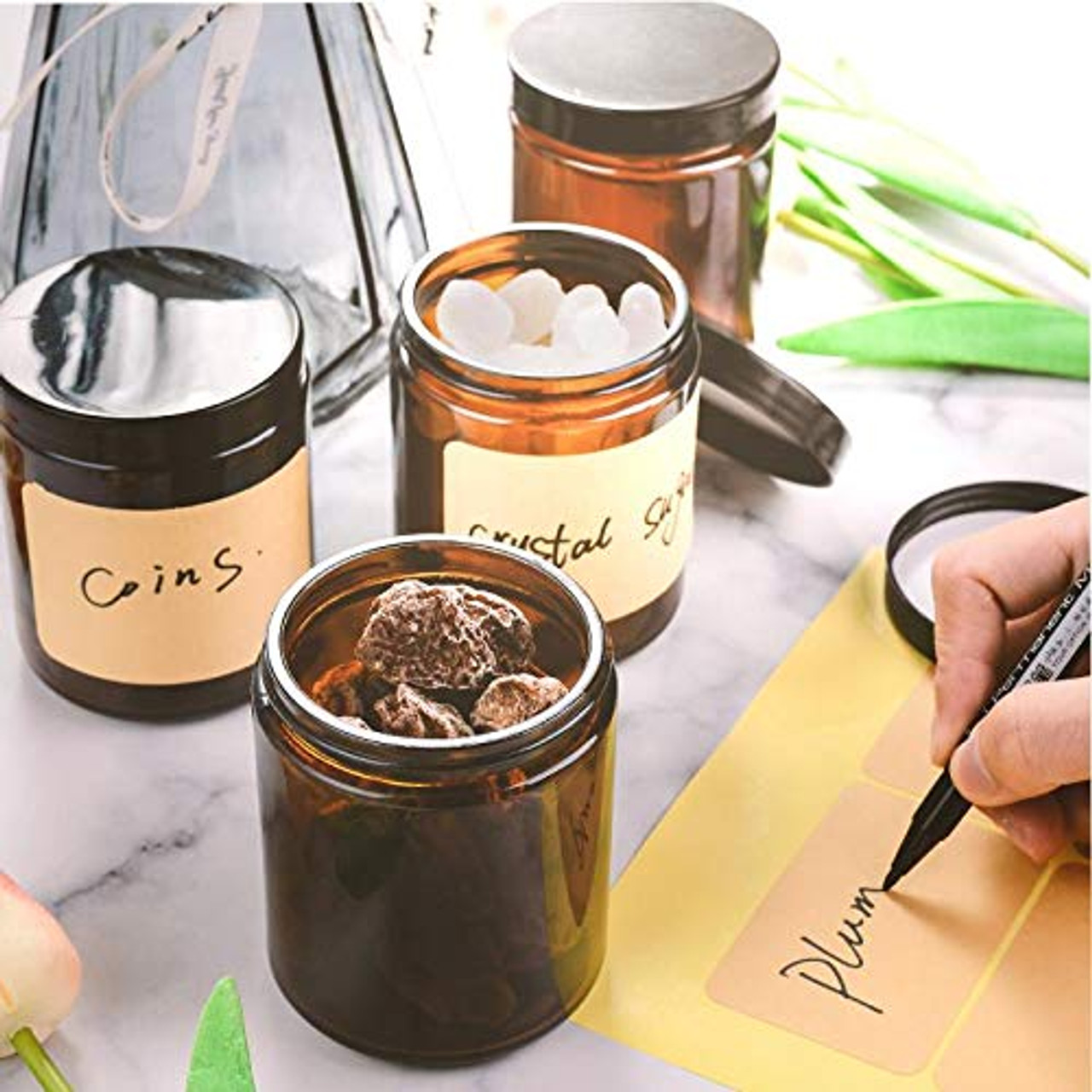 8oz Amber Glass Apothecary Jars 6 Pack,Round Mason Canning Jars