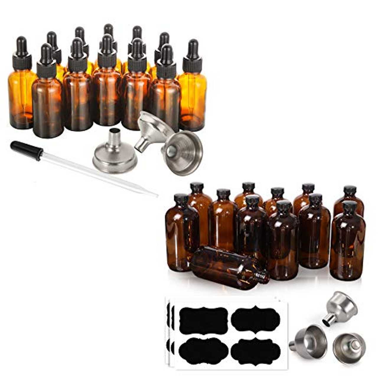 [ 12 Pack, 16 oz ] Glass Amber Bottles with Black Poly Cone Cap & 3  Stainless Steel Funnels & 12 Labels - 480ml Boston Round Sample Bottles,  Brown