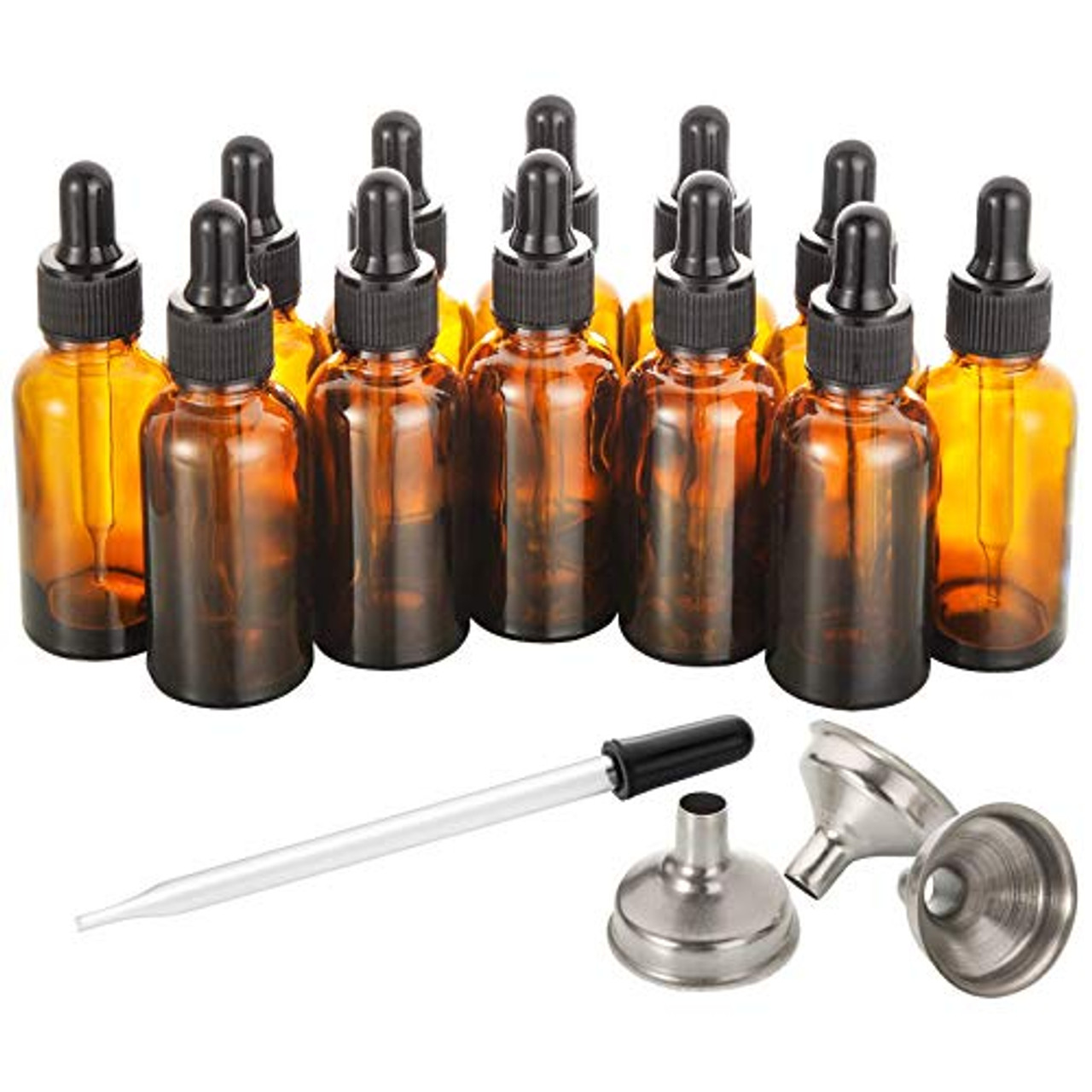 [ 12 Pack, 16 oz ] Glass Amber Bottles with Black Poly Cone Cap & 3  Stainless Steel Funnels & 12 Labels - 480ml Boston Round Sample Bottles,  Brown