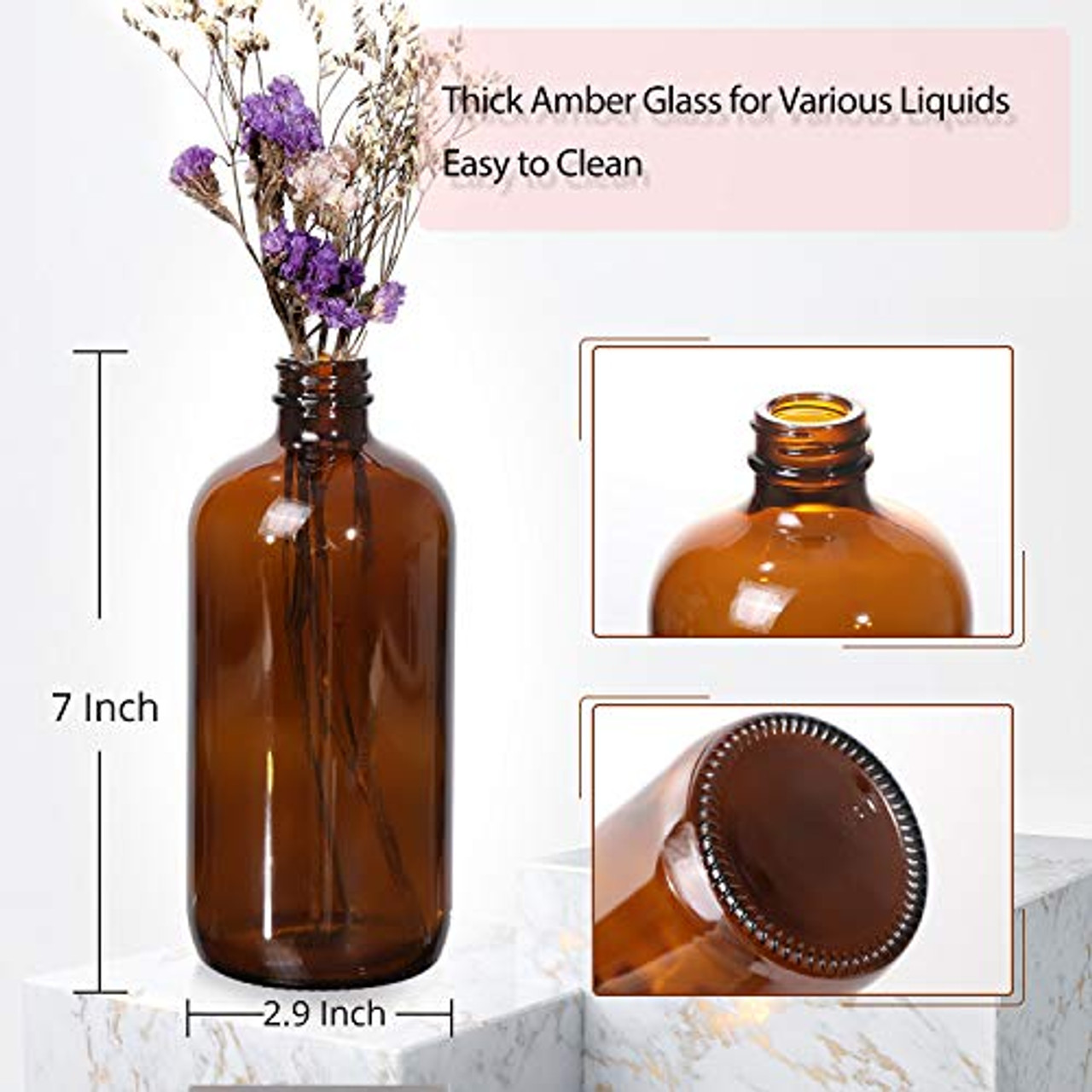 Cornucopia 16oz Amber Glass Bottles with Reusable Chalk Labels and Lids (2  Pack), Refillable Brown Boston Round Bottles, with Black 28-400 Caps