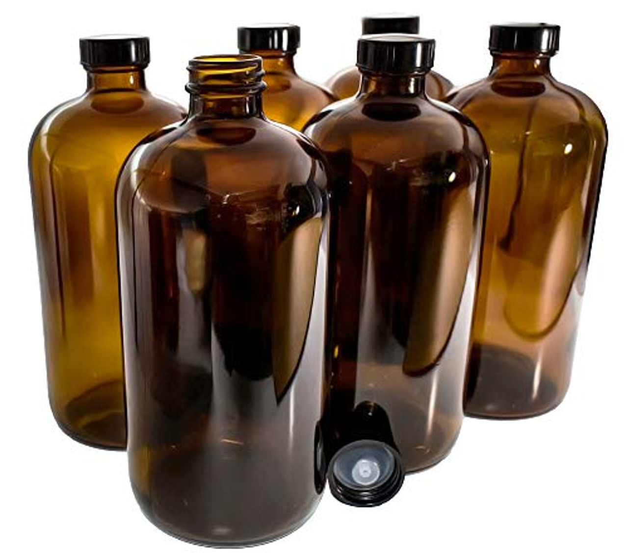 [ 12 Pack, 16 oz ] Glass Amber Bottles with Black Poly Cone Cap & 3  Stainless Steel Funnels & 12 Labels - 480ml Boston Round Sample Bottles,  Brown