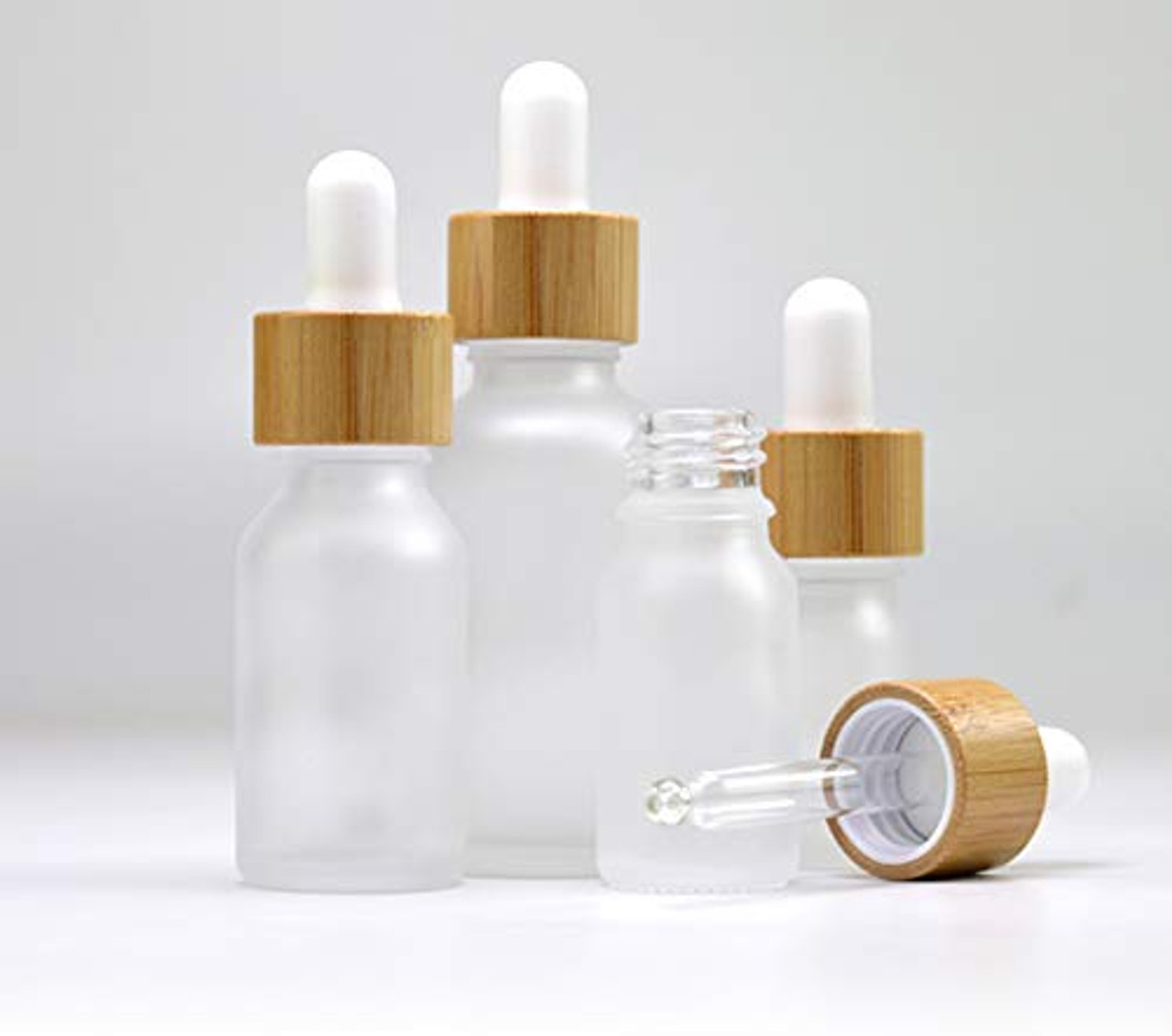 Frosted Green Glass Cosmetic Jar & Dropper Bamboo Lids Set of 2