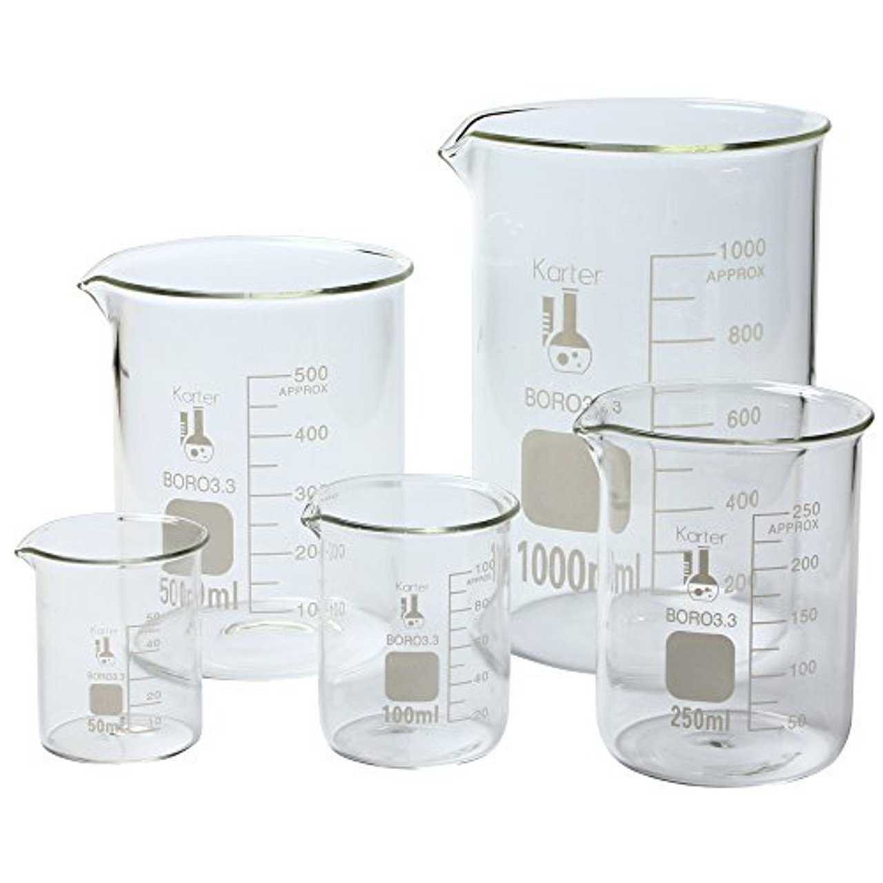 Karter Scientific 3 3 Boro Griffin Low Form Glass Beaker Set 5 Sizes 50ml 100ml 250ml 500ml