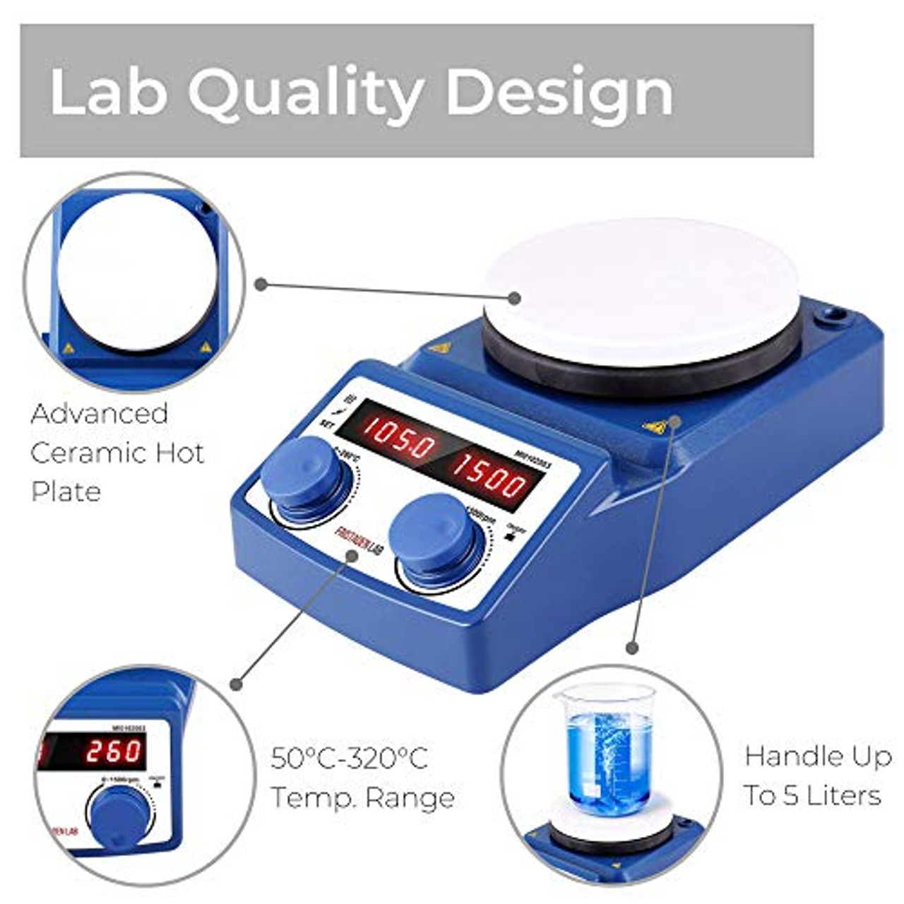 4E's Scientific Lab Digital Magnetic Hot Plate Stirrer | LED Display with  Temperature | Large 20L Ceramic Hot Plate with Magnetic Stirrer |  50-1500RPM