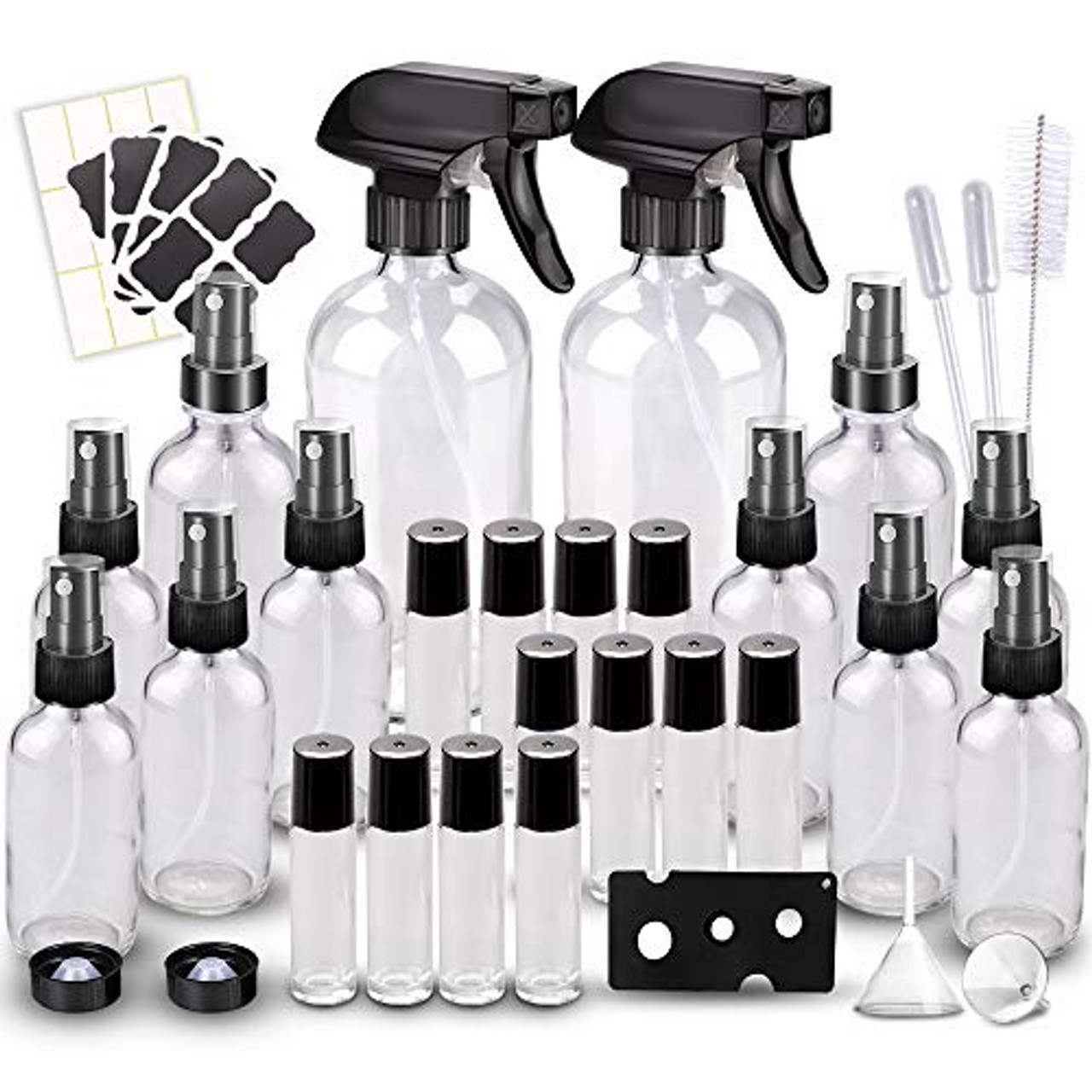 Glass Spray Bottles Kits, BonyTek Empty 12 10 ml Roller Bottles, 12 Clear Essential Oil Bottle (2 x 16oz,2 x 4oz,8 x 2oz) with Labels for Aromatherapy ...