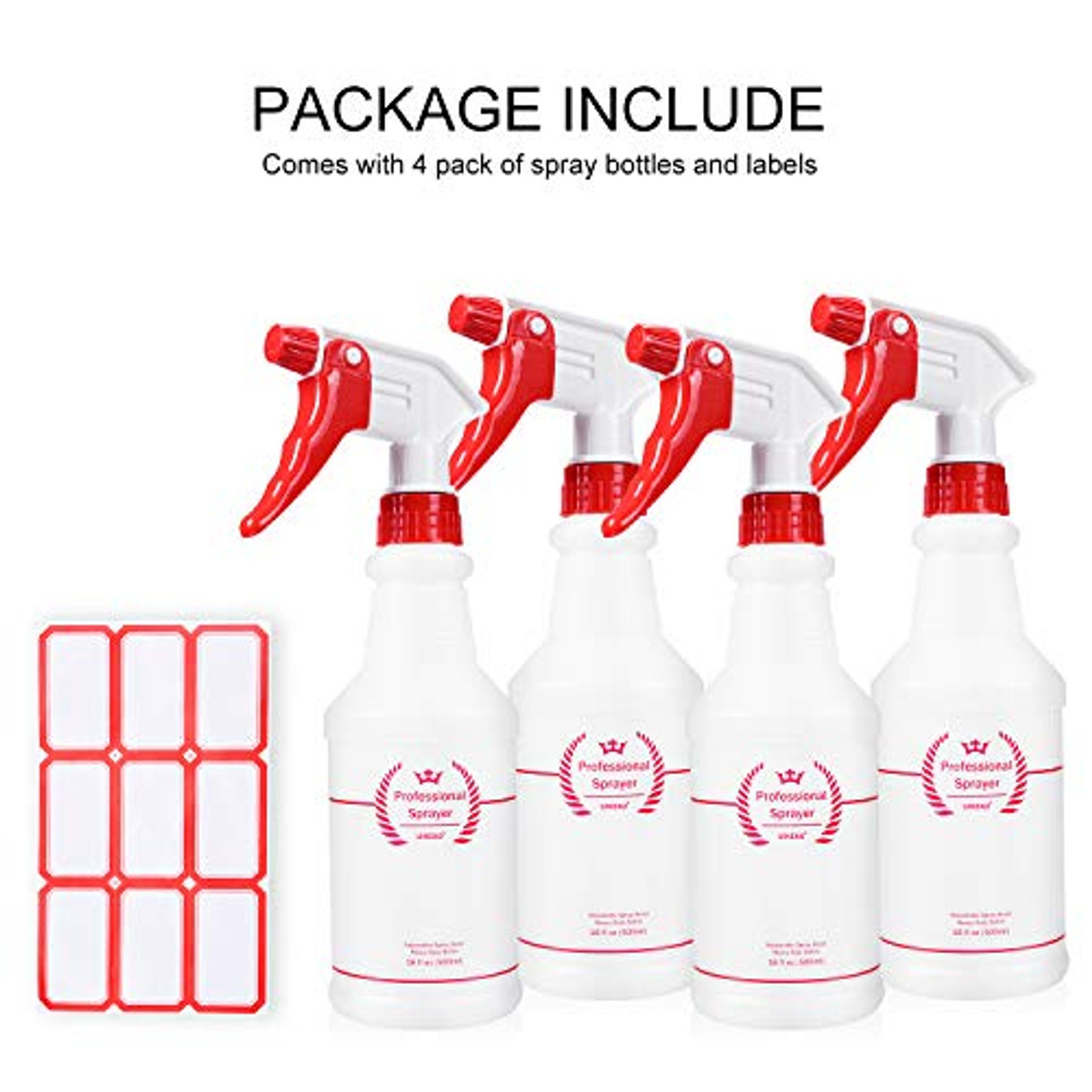 Uineko Plastic Spray Bottle (4 Pack, 16 Oz, All-Purpose) Heavy Duty Spraying  Bottles Leak Proof