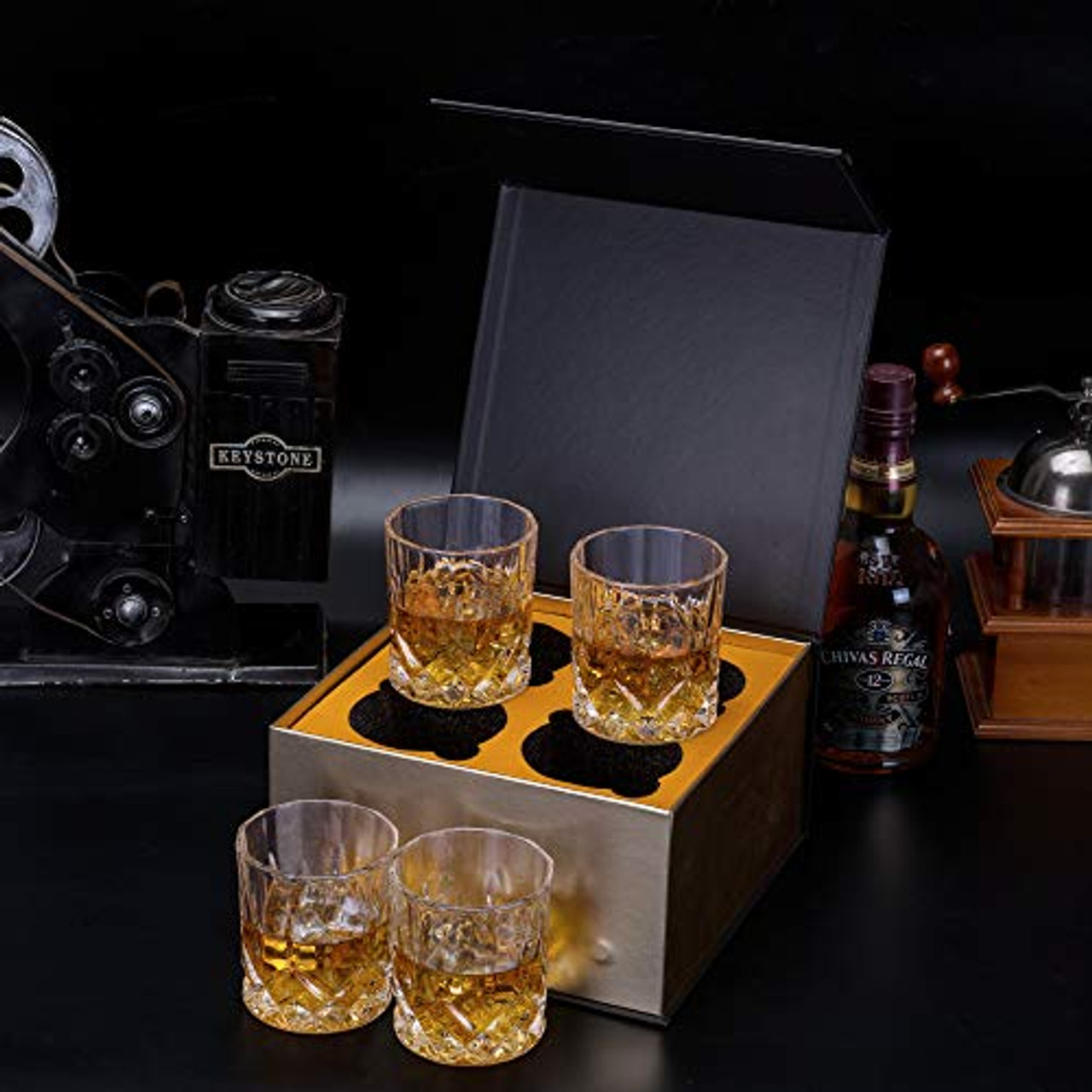 Fake Food Crystal Whiskey/brandy Decanter With Scotch On Rocks Glasses