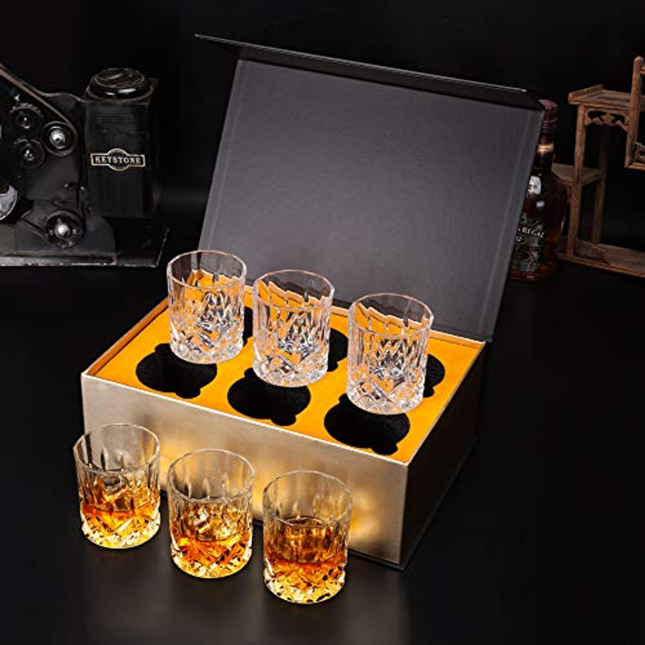 Whiskey Glasses set of 6 Crystal Old Fashioned Rock Glass Scotch Bourbon  and Spirits 10 Ounce Liqueur Tumbler Thick Weighted