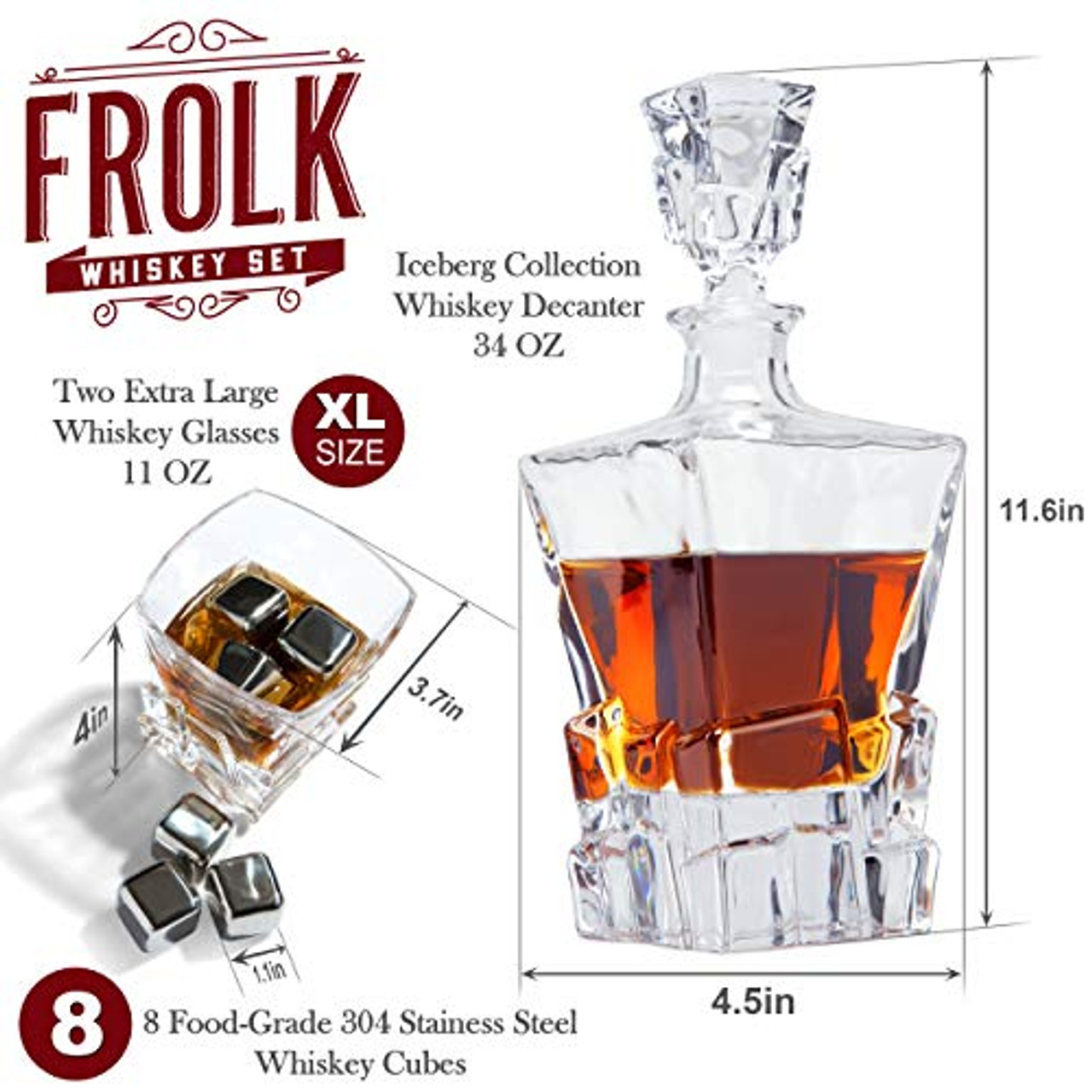 Whiskey Decanter Set for Men and Women - Whiskey Decanter, 2 Rocks Whiskey  Glasses, 8 Stainless Steel