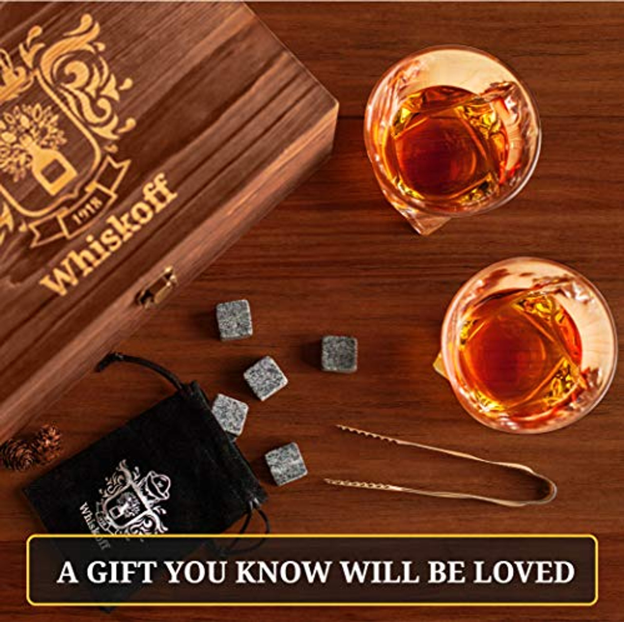Whiskey Bourbon Glass & Stone Gift Set With Wooden Case