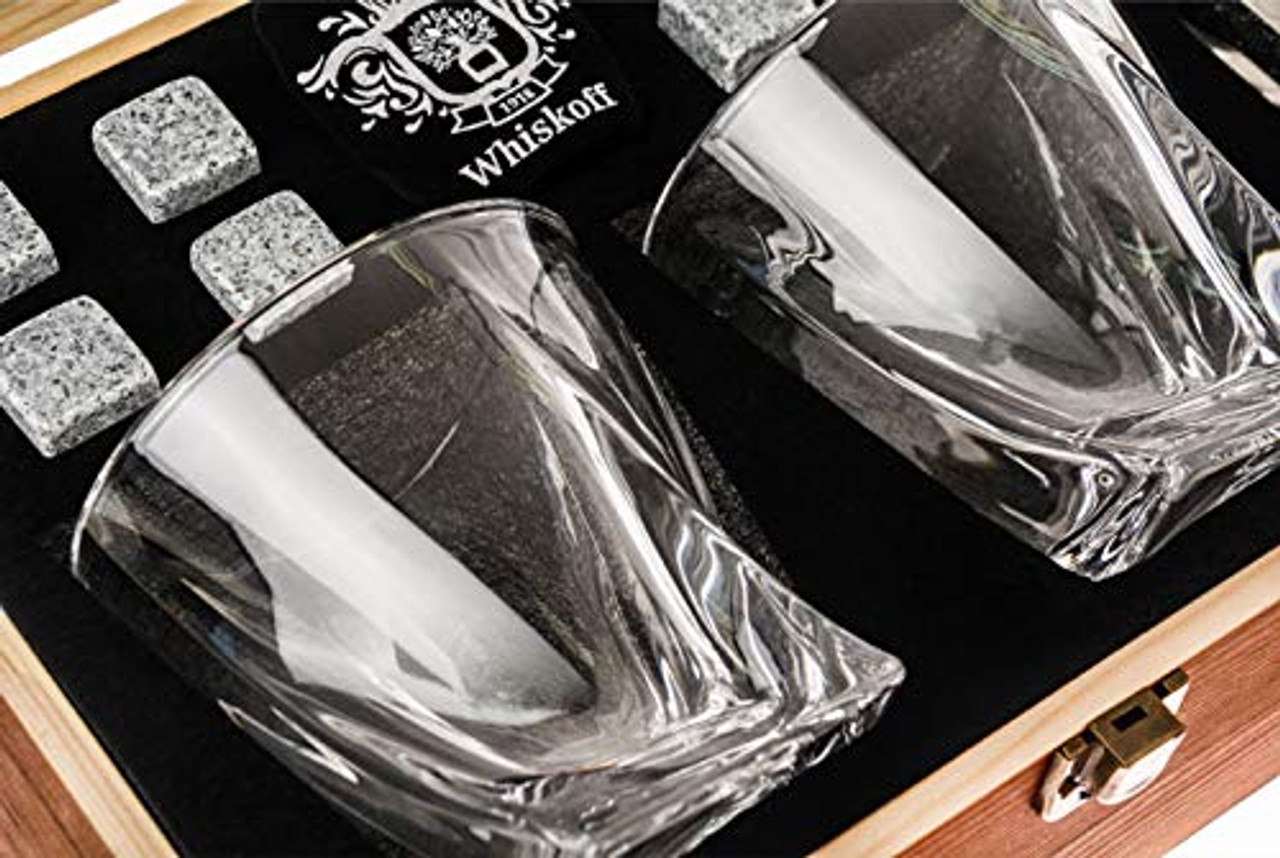 Whiskey Glass Set of 2 - Bourbon Stones Gift For Men Includes Crystal  Whisky Rocks Glasses , Chilling Stones , Slate Coasters Scotch Glasses in  Wooden