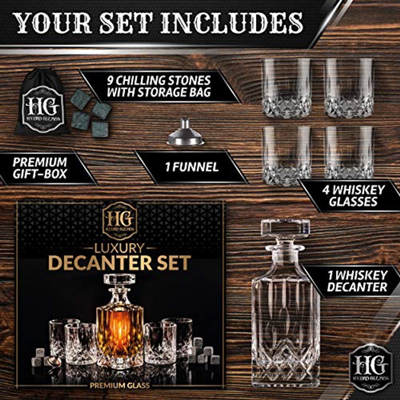 Whiskey Decanter Set for Men with 4 Glasses and 9 Cooling Whisky Stones,  Funnel for Bourbon, Rum, Liquor Crystal Clear Decanter Sets - House Warming