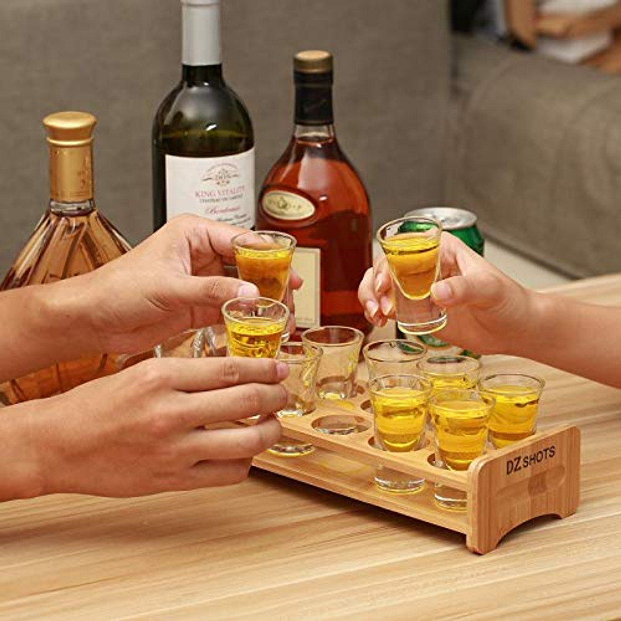 DZ 12 Pcs Shot Glass Set with Tray,Thick Base Crystal Clear Shot Glasses  and Bamboo