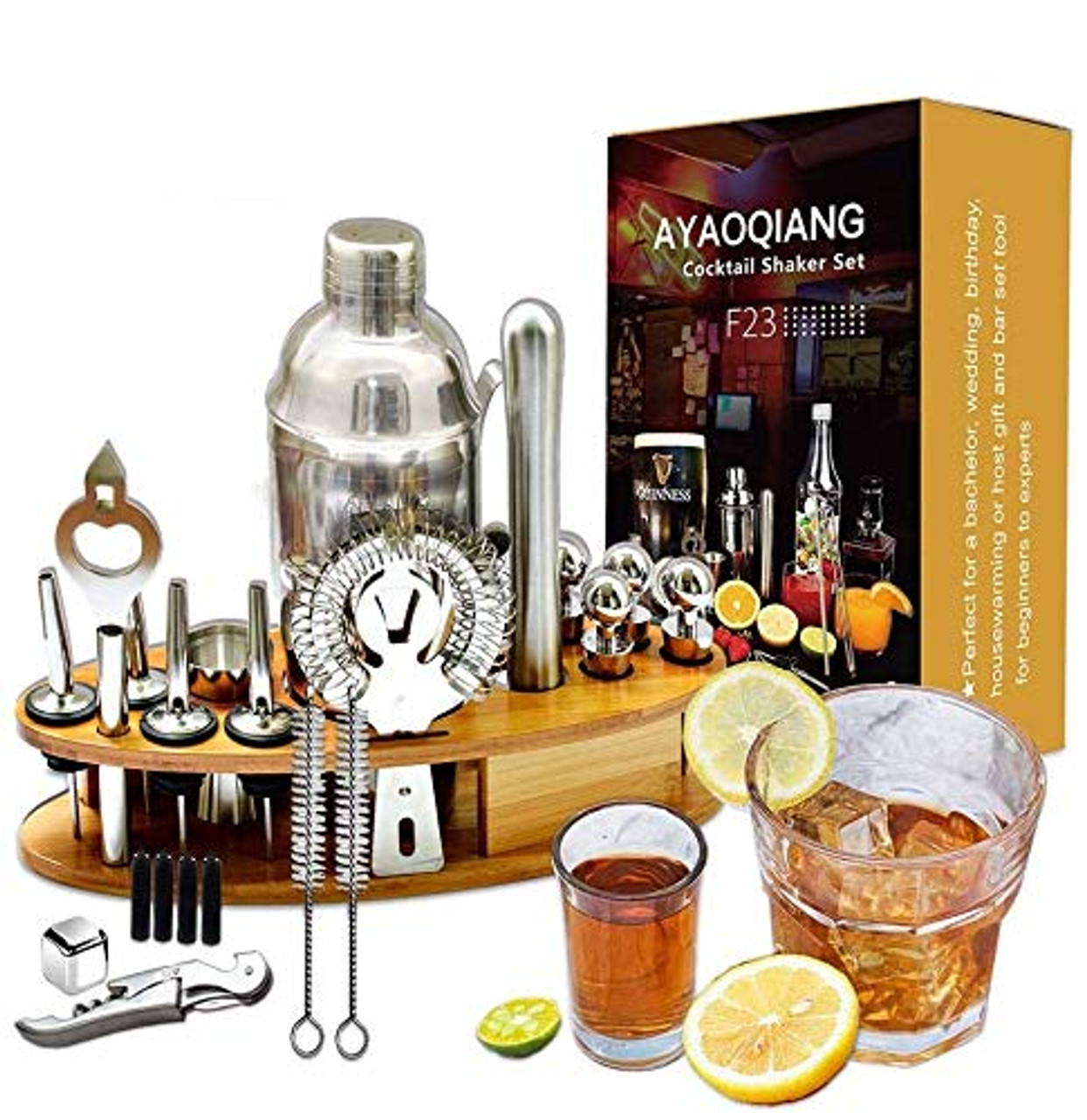 Stainless Steel Bar Set Bamboo Holder Kit Accessories Cocktail