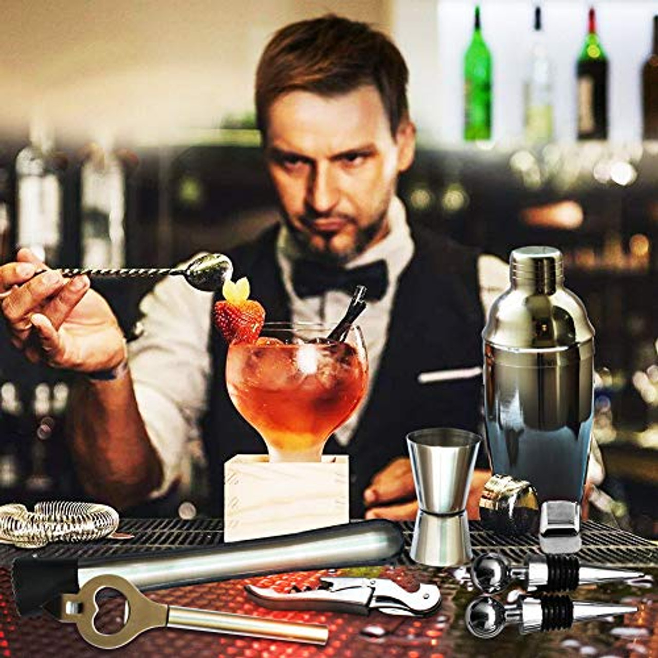 Bartender Kit, TNCO Cocktail Shaker Set with Stand,Bar Set Drink Mixer Set  with All Essential Bar Accessory,Martini Mixer Cup with Muddler,Jigger