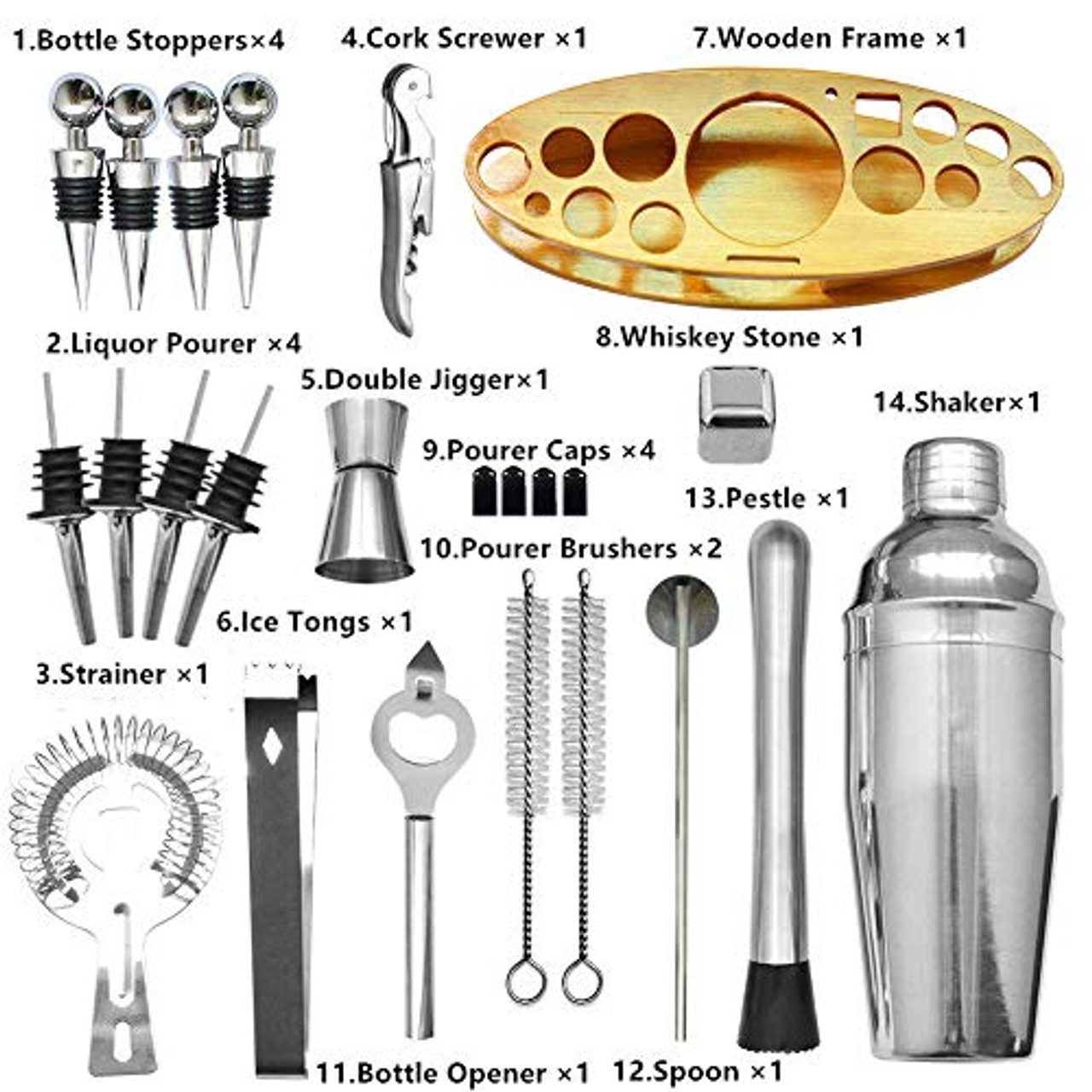 Stainless Steel Cocktail Shaker Bartender Kit with Stylish Bamboo Stan