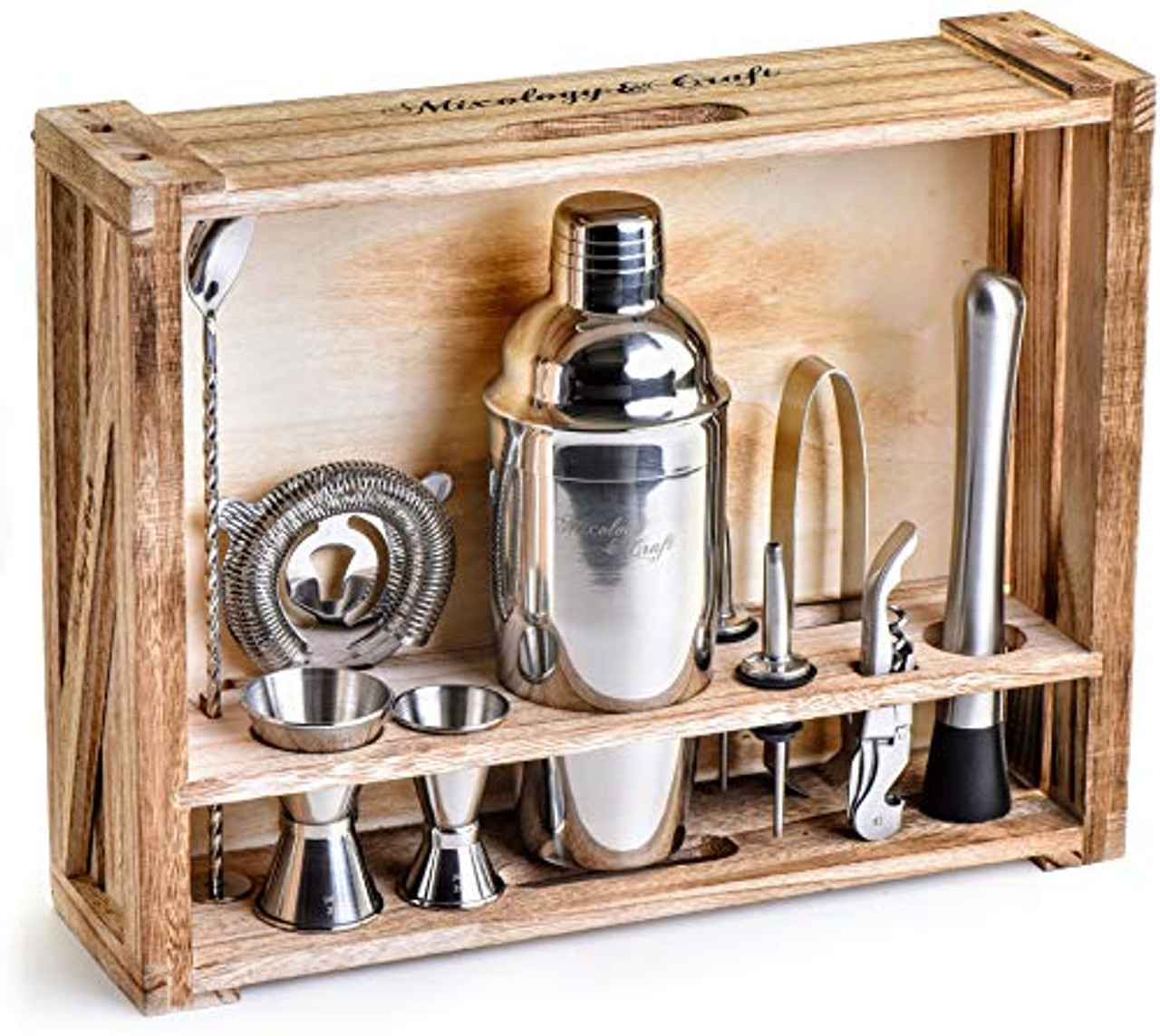 Bartender Kit: 11-Piece Bar Tool Set Rustic Wood - Perfect Home Bartending and Cocktail Shaker Set For an Awesome Drink Mixing Experience