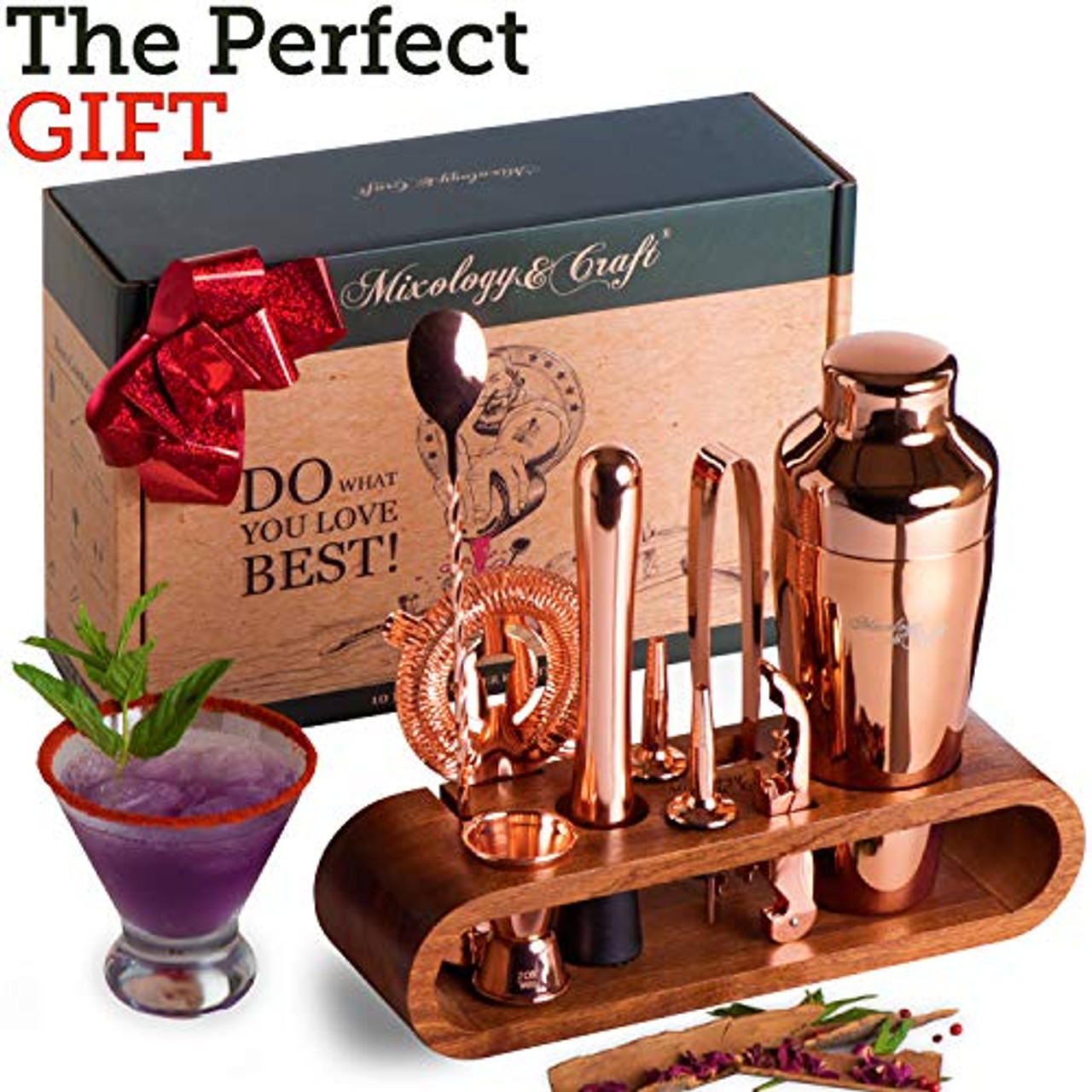 Bartender Kit: 10-Piece Bar Set Cocktail Shaker Set with Stylish Mahogany  Stand | Perfect Home Bartending Kit with Bar Tools and Martini Shaker for