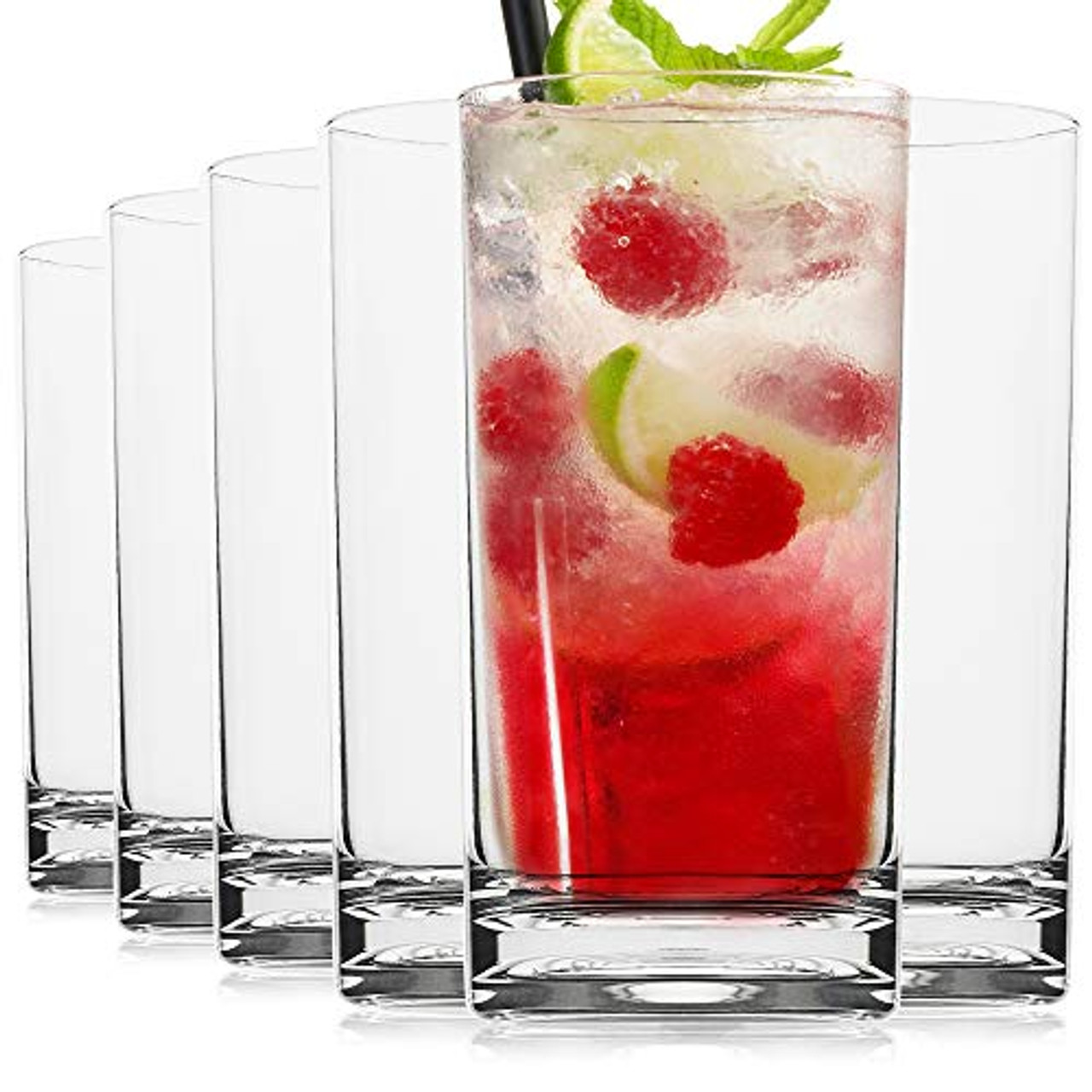 Red Series 16 oz Square Highball Beverage Drinking Glasses (Set of 8)