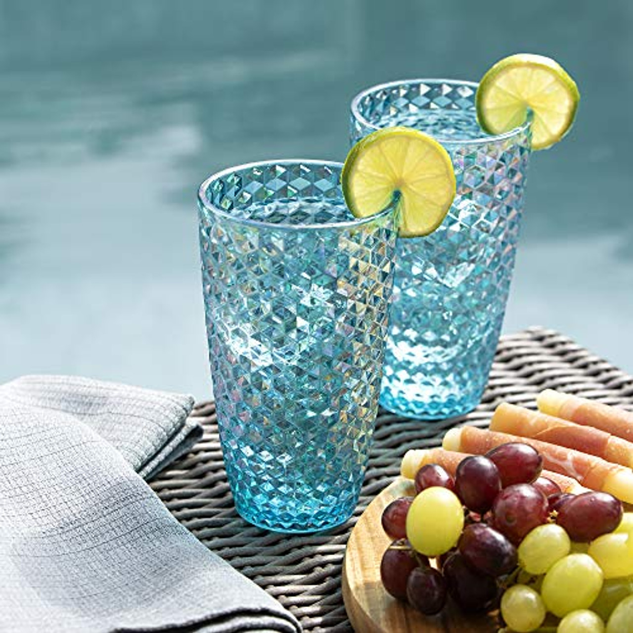 4 Coastal Beach Iridescent Aqua Acrylic Drinking Wine Glasses Indoor/Outdoor