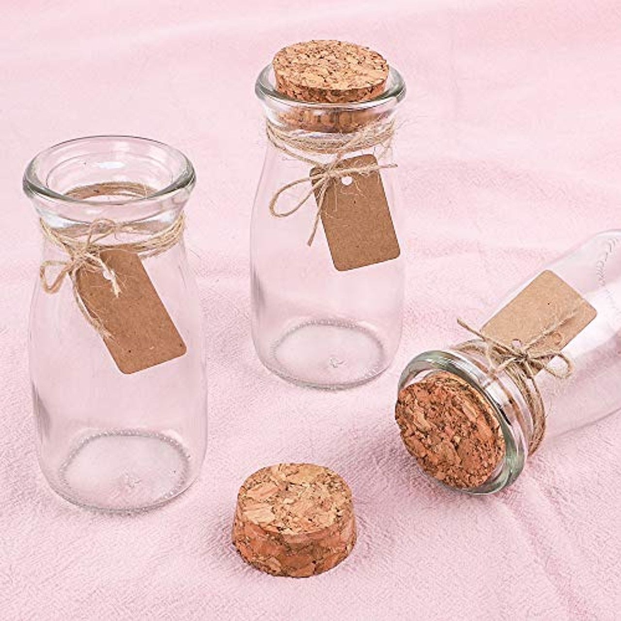 12pcs 4 x 2 Inches Small Glass Favor Jars, Milk Glass Bottles with Cork Lid.  3.4