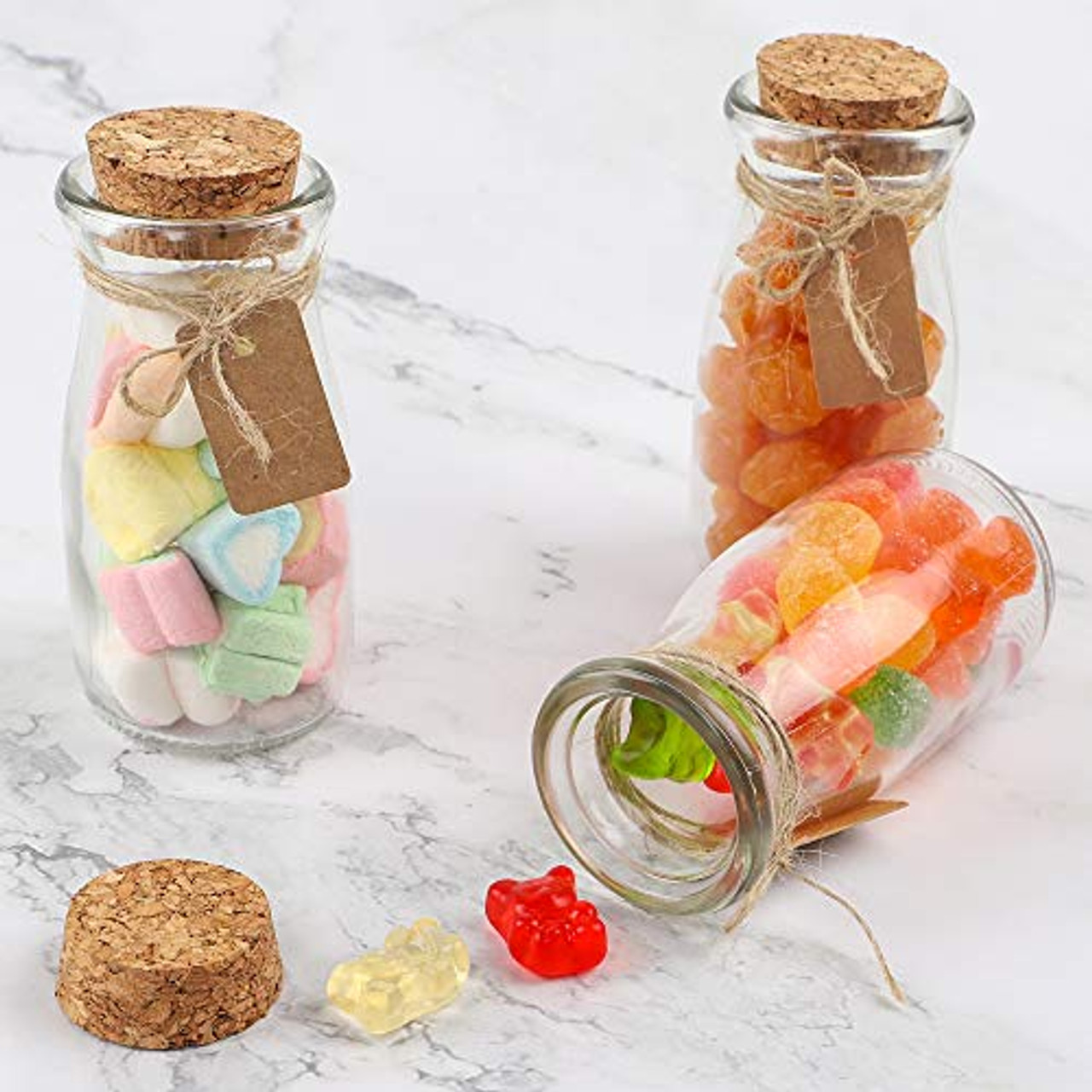 12pcs 4 x 2 Inches Small Glass Favor Jars, Milk Glass Bottles with Cork Lid. 3.4 oz Party Favors Wedding Favors with 25pcs Label Tags and 20m Burlap ...