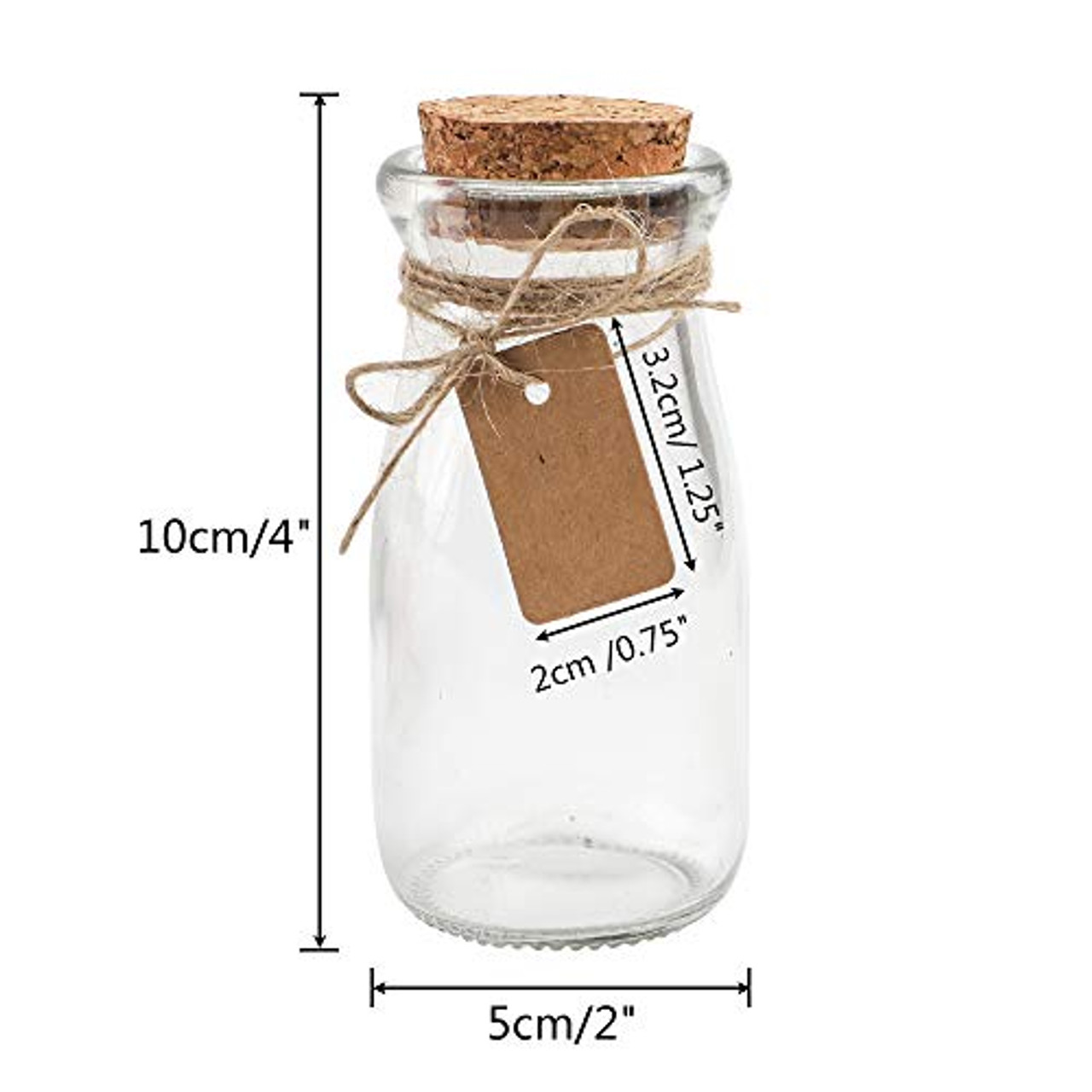 12pcs 4 x 2 Inches Small Glass Favor Jars Milk Glass Bottles with Cork Lid. 3.4 oz Party Favors Wedding Favors with 25pcs Label Tags and 20m Burlap