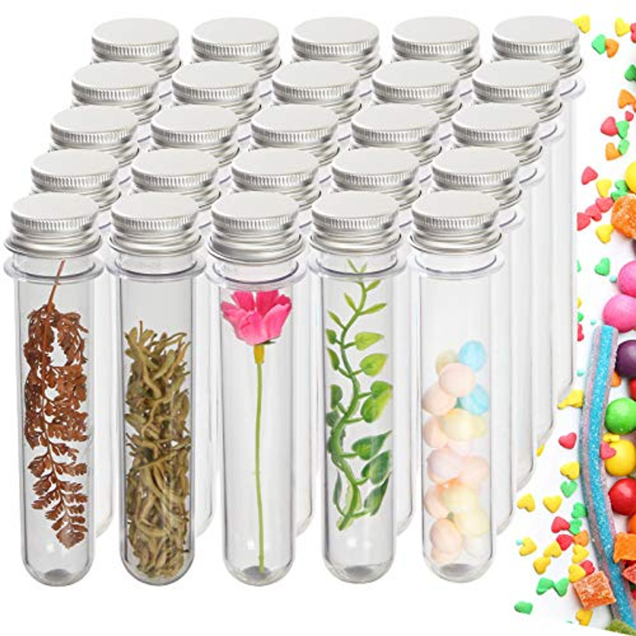 20 Pcs Test Tubes,Clear Plastic Test Tubes with Screw Caps Plastic Storage  Tubes Containers for Bath Salts, Gumball, Candy, Beads, Sample, Party