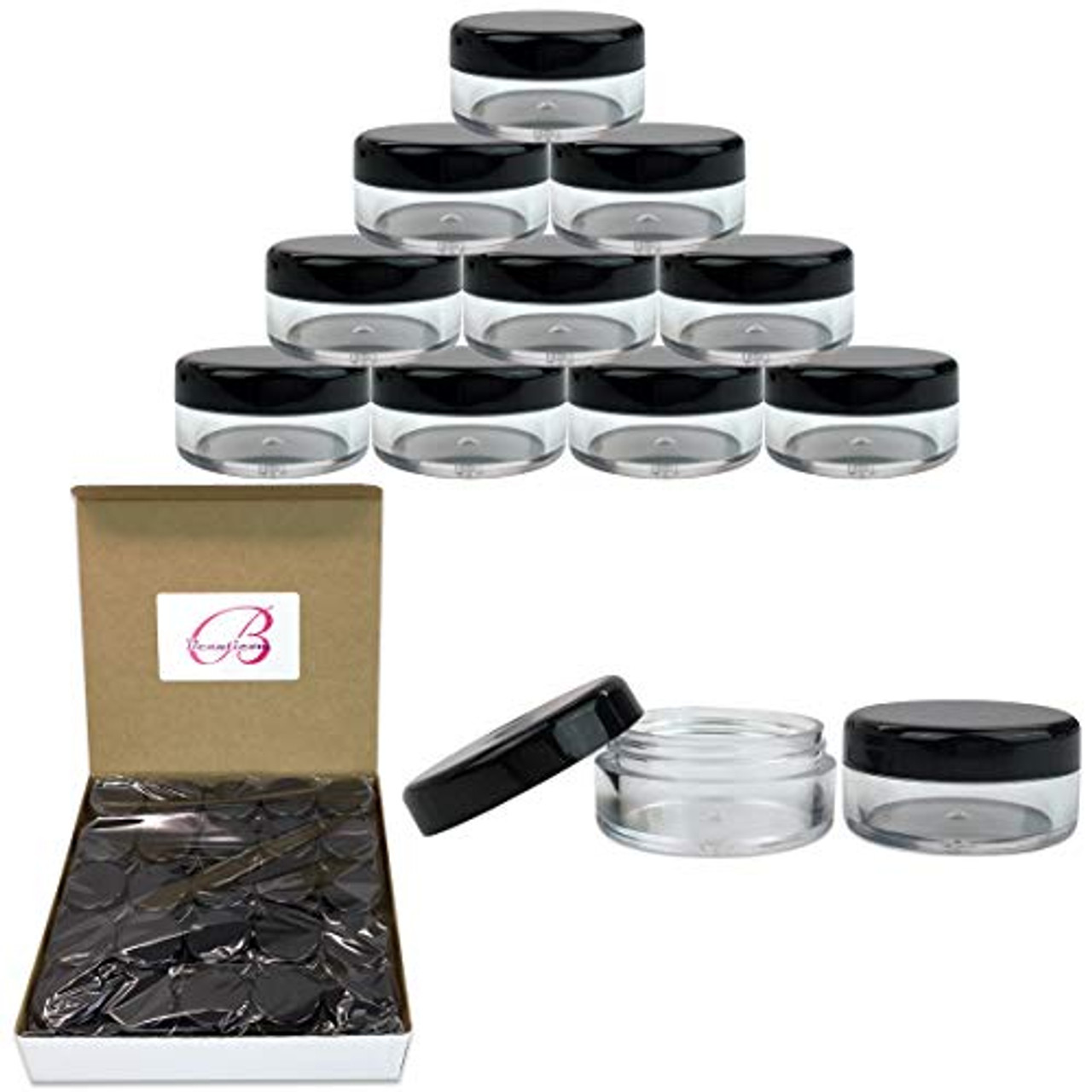 50 New empty 5 Gram (0.17 oz) Acrylic Round Jars - BPA Free Plastic  Containers for Cosmetic, Lotion, Cream, Makeup, Bead, Eye shadow,  Rhinestone, Samples, Pot, 5g/5ml (Black Lid 50 Jars)