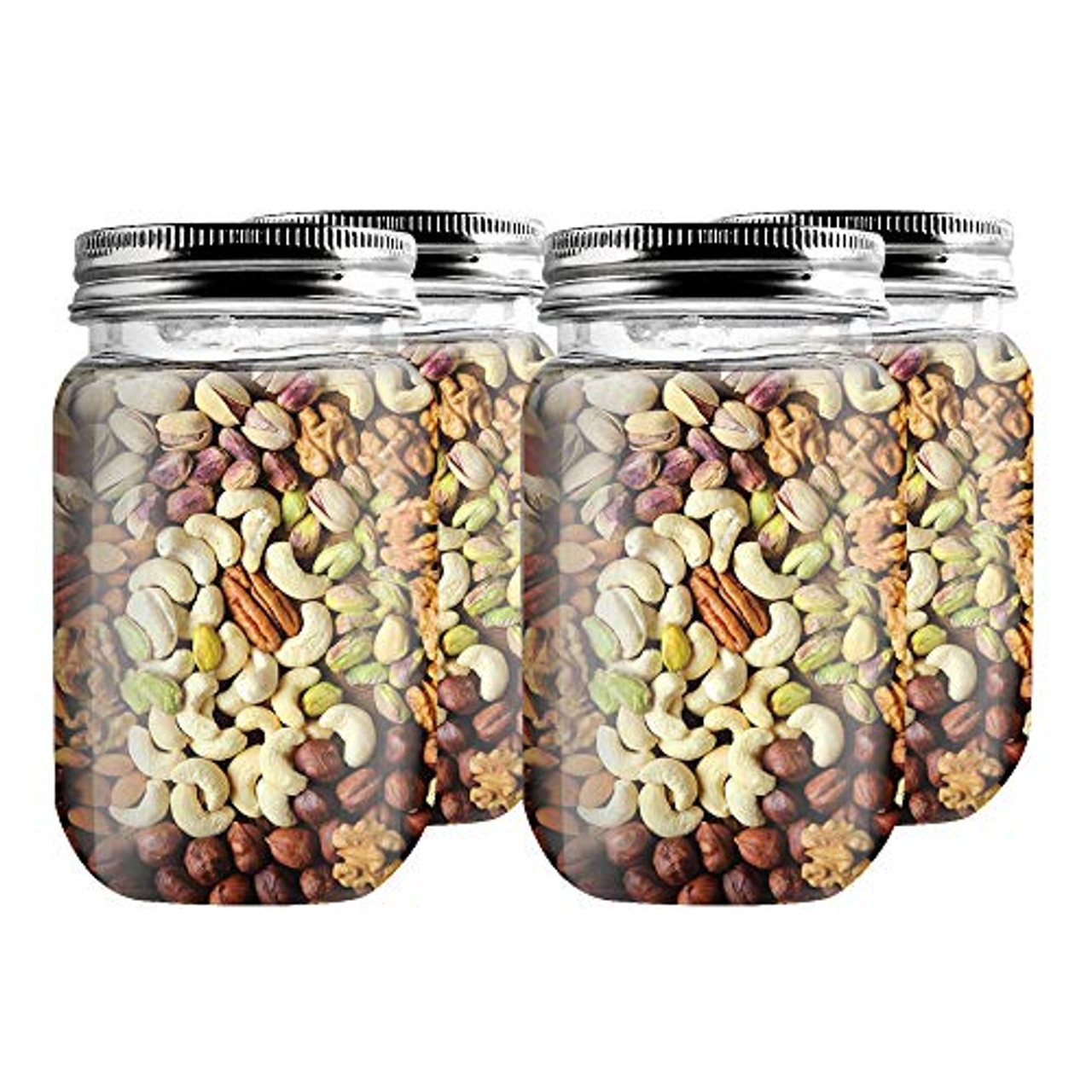 16 Oz Clear Plastic Mason Jars With Ribbed Liner Screw On Lids, Wide Mouth,  ECO, BPA Free, PET Plastic, Made In USA, Bulk Storage Containers, 6 Pack  (16 Ounces)