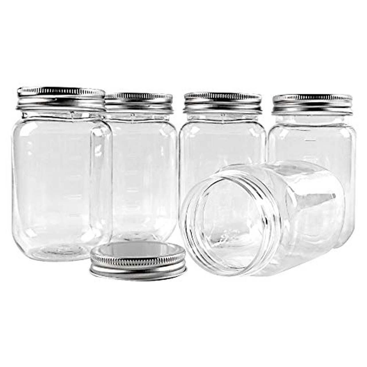 16 Oz Clear Plastic Mason Jars With Ribbed Liner Screw On Lids, Wide Mouth,  ECO, BPA