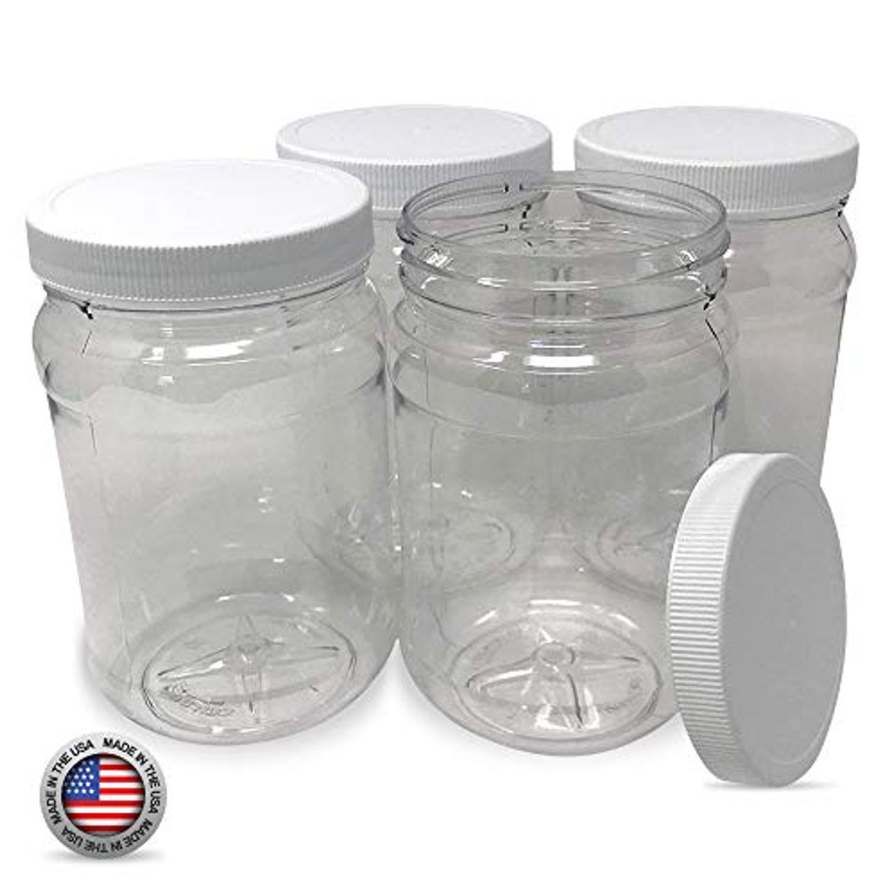 32 Oz Clear Plastic Mason Jars With Ribbed Liner Screw On Lids, Wide Mouth,  ECO, BPA