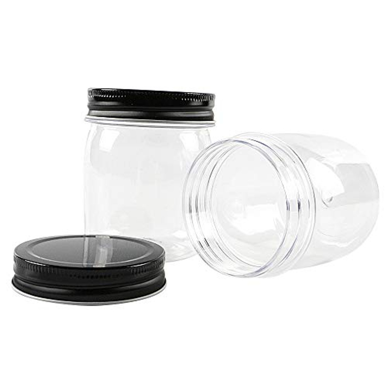 Clear, 8 ounce, Round Glass Jars, with Black Lids - 8 pack