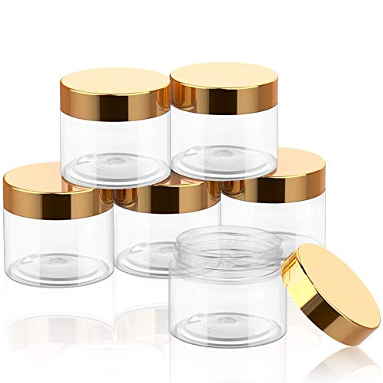 SATINIOR 6 Pack Plastic Pot Jars Round Clear Leak Proof Plastic Container  Jars with Lid for Travel Storage, Eye Shadow, Nails, Paint, Jewelry (2 oz,  Gold)
