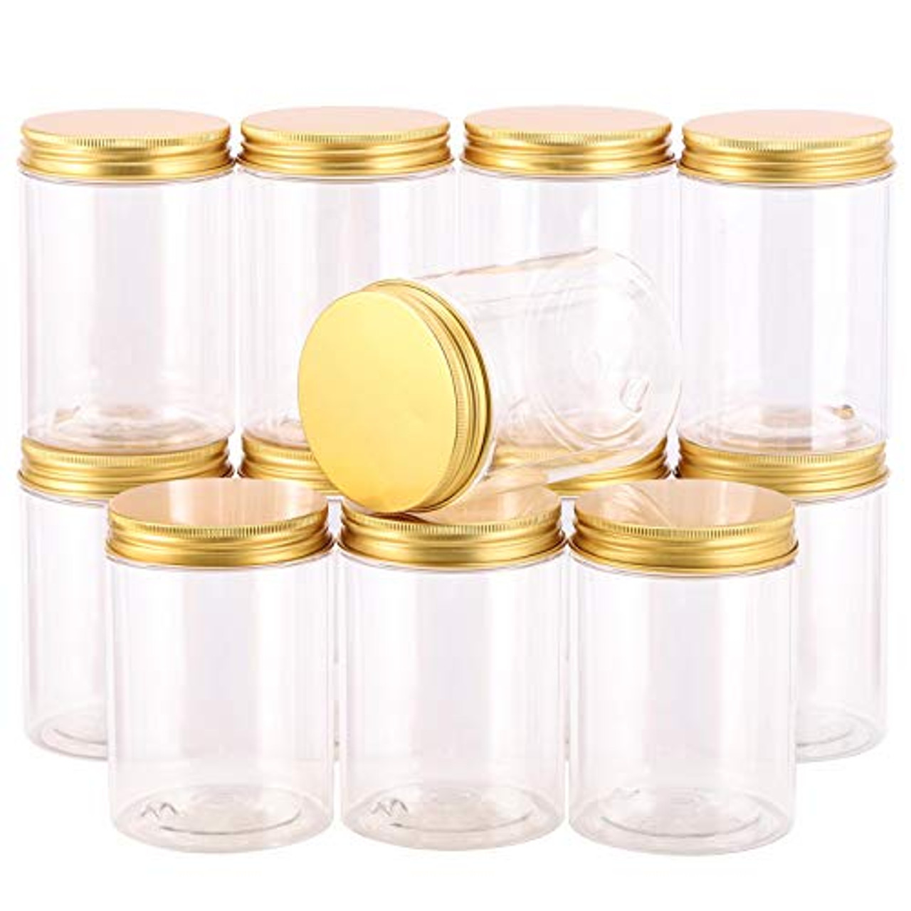 12-Pack 300ml Empty Large Refillable Clear Plastic Jars with Lids for  Beauty Products, Round Containers for Slime, Cream, Multi Use, Gold