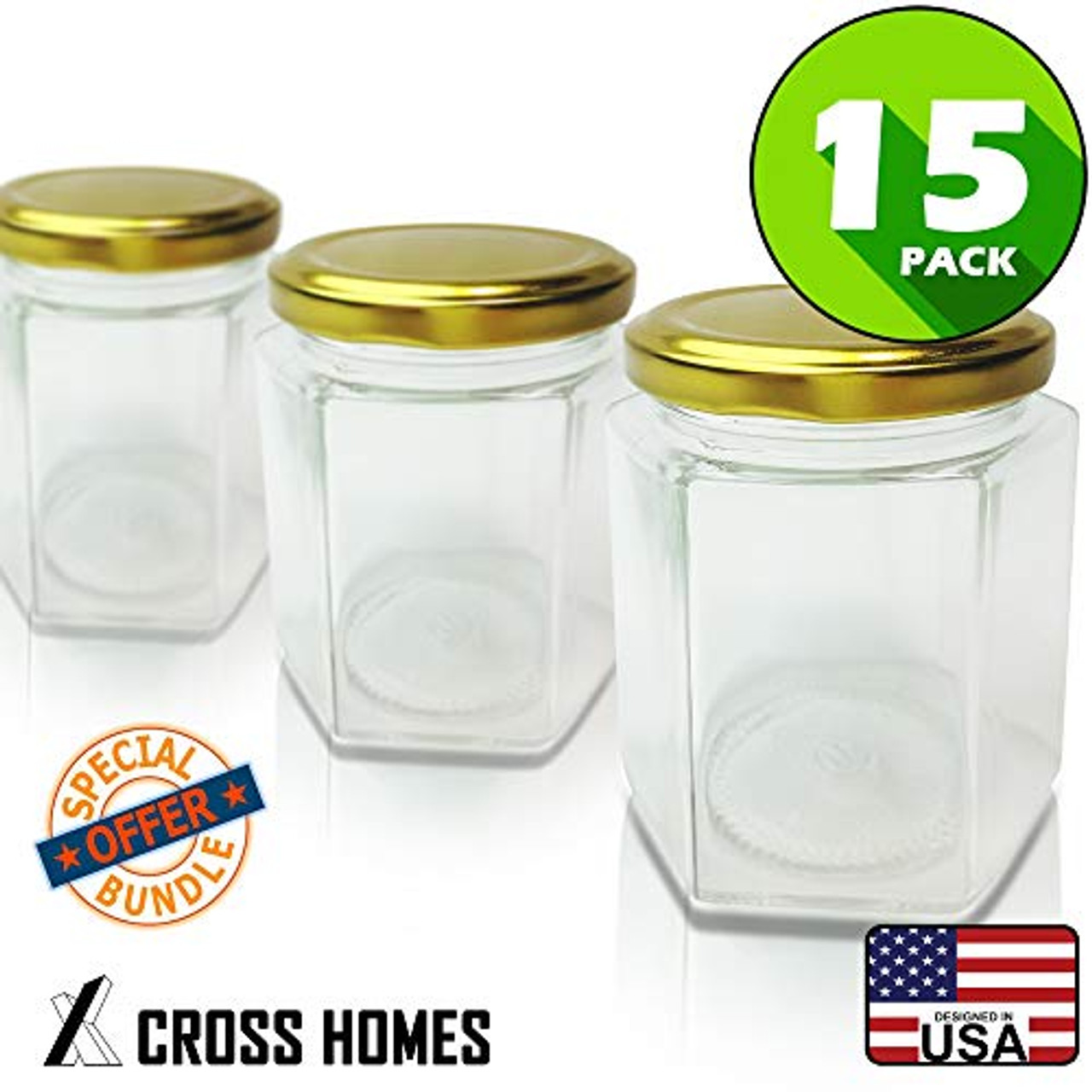 Hexagon Jars Gold Lid 15pcs 6.0 oz Hexagon Glass Jars with Gold Plastisol Lined Lids for Jam Honey Jelly Wedding Favors Baby Shower Favors Baby