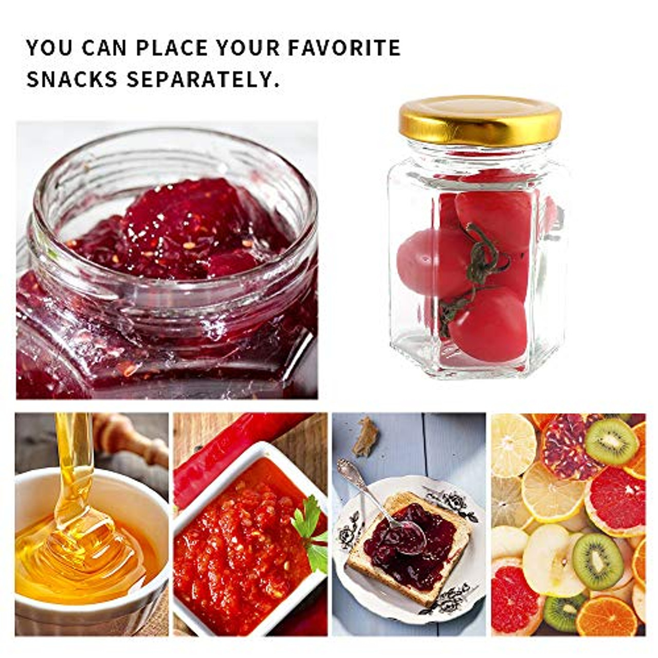 CycleMore 4oz Hexagon Glass Jars with Gold Lids, Clear Glass Canning Jars  Jam Jars Bottles for Jams, Honey, Wedding Favors, Baby Foods, Gifts and