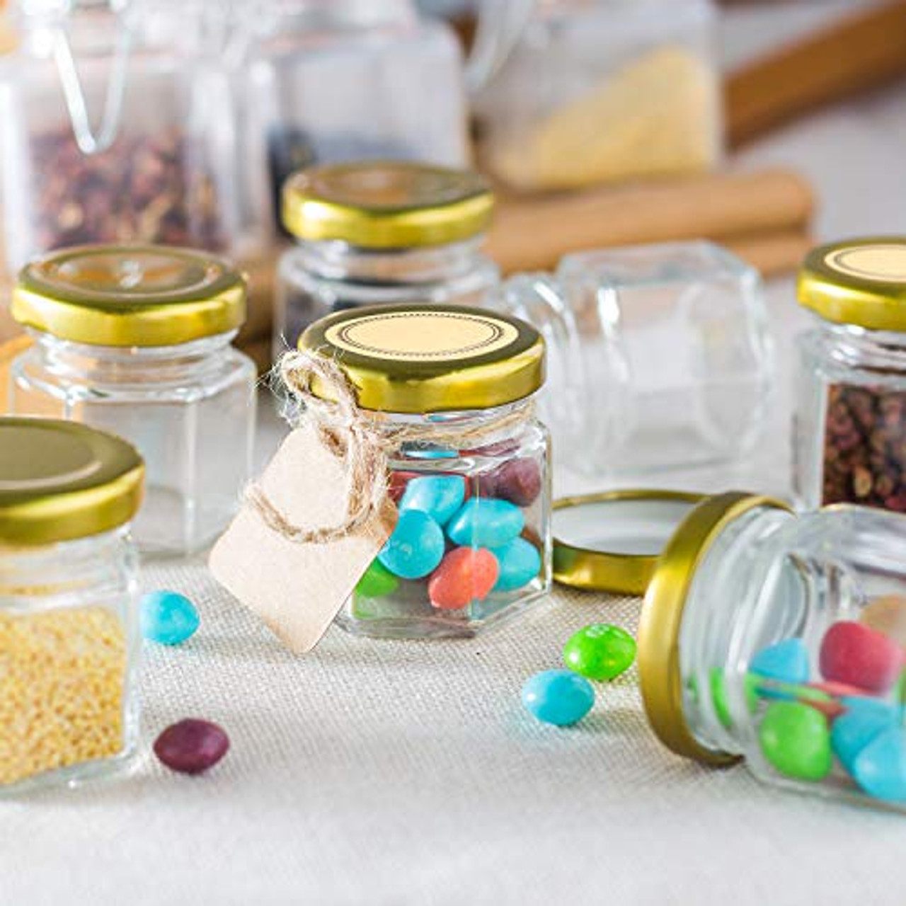 1.5 oz Clear Hexagon Jars,Small Glass Jars With Lids(golden),Mason Jars For  Herbs,Foods