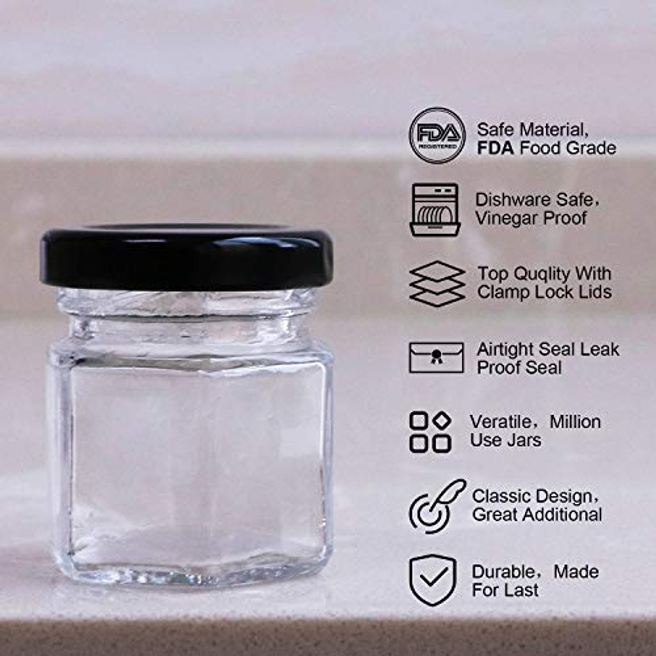 Encheng 4 oz Clear Hexagon Jars,Small Glass Jars With Lids(Black),Mason Jars  For Herb