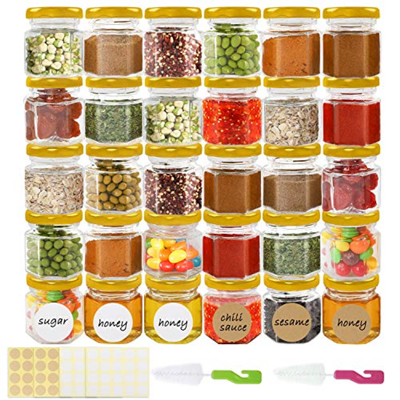 Superlele 30pcs 1.5oz Hexagon Mini Glass Jars with Gold Lids Honey Jars Small Spice Jars For Herbs with 80pcs Stickers 2pcs Brush for Spices Gifts