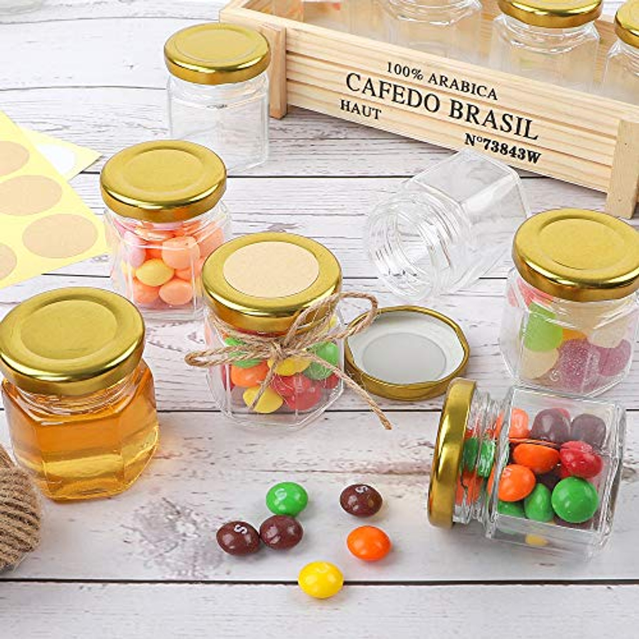 Superlele 30pcs 1.5oz Hexagon Mini Glass Jars with Gold Lids Honey Jars Small Spice Jars For Herbs with 80pcs Stickers 2pcs Brush for Spices Gifts