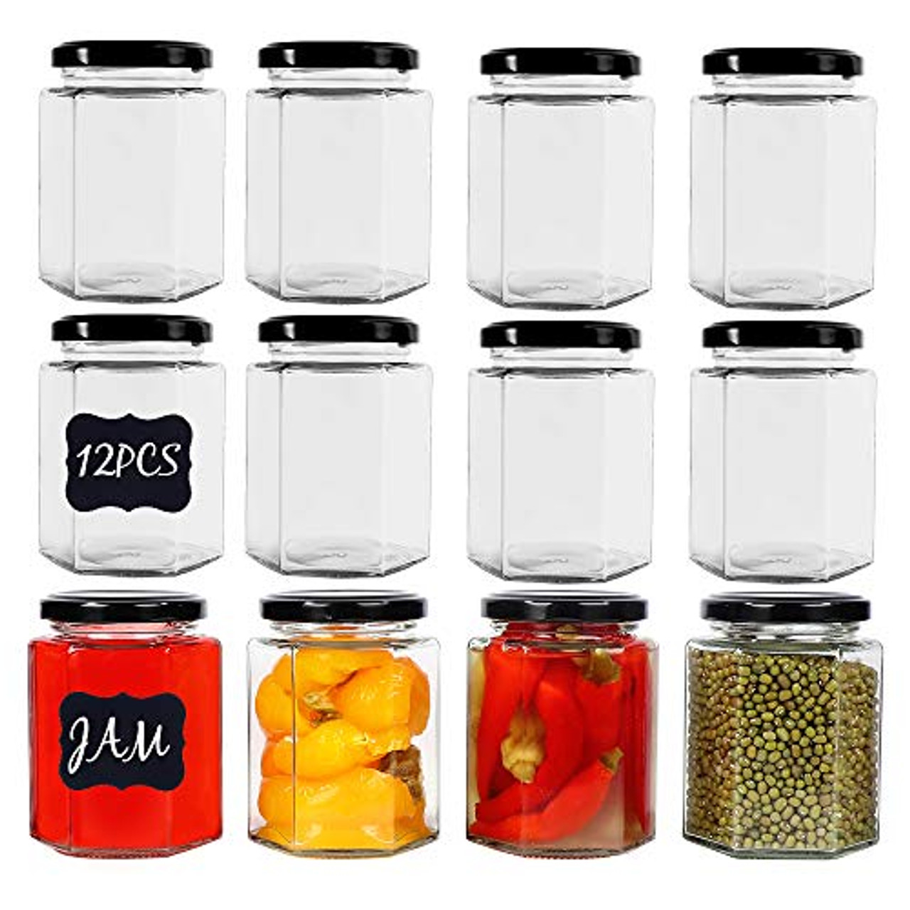 CycleMore 9oz Hexagon Glass Jars with Black Lids, Clear Glass